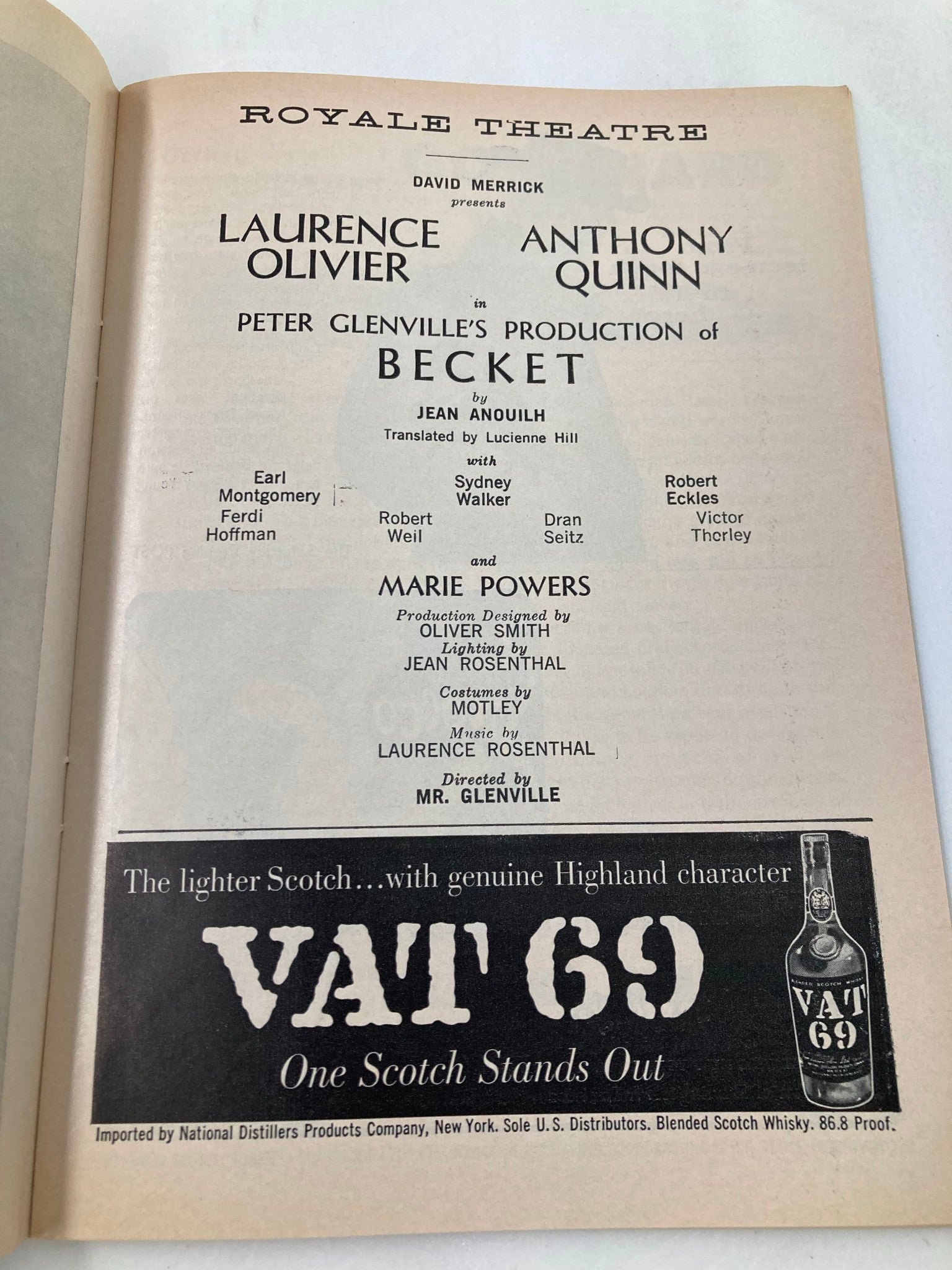 1961 Playbill Royale Theatre Laurence Oliver, Anthony Quinn in Becket