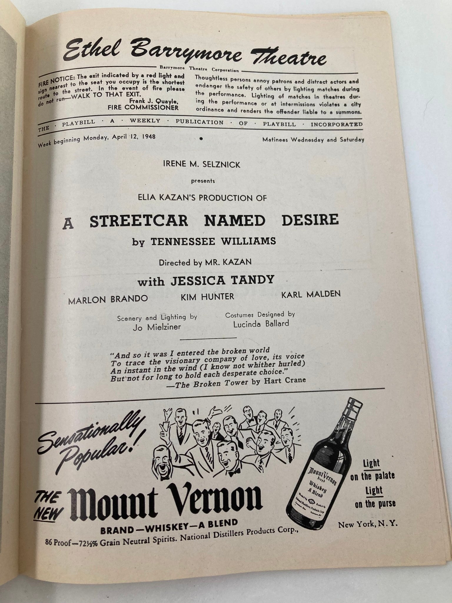 1948 Playbill Ethel Barrymore Theatre Jessica Tandy in A Streetcar Named Desire