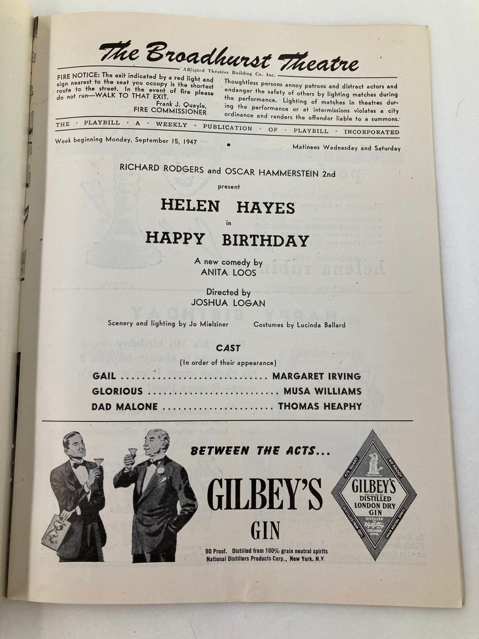 1947 Playbill The Broadhurst Theatre Helen Hayes in Happy Birthday