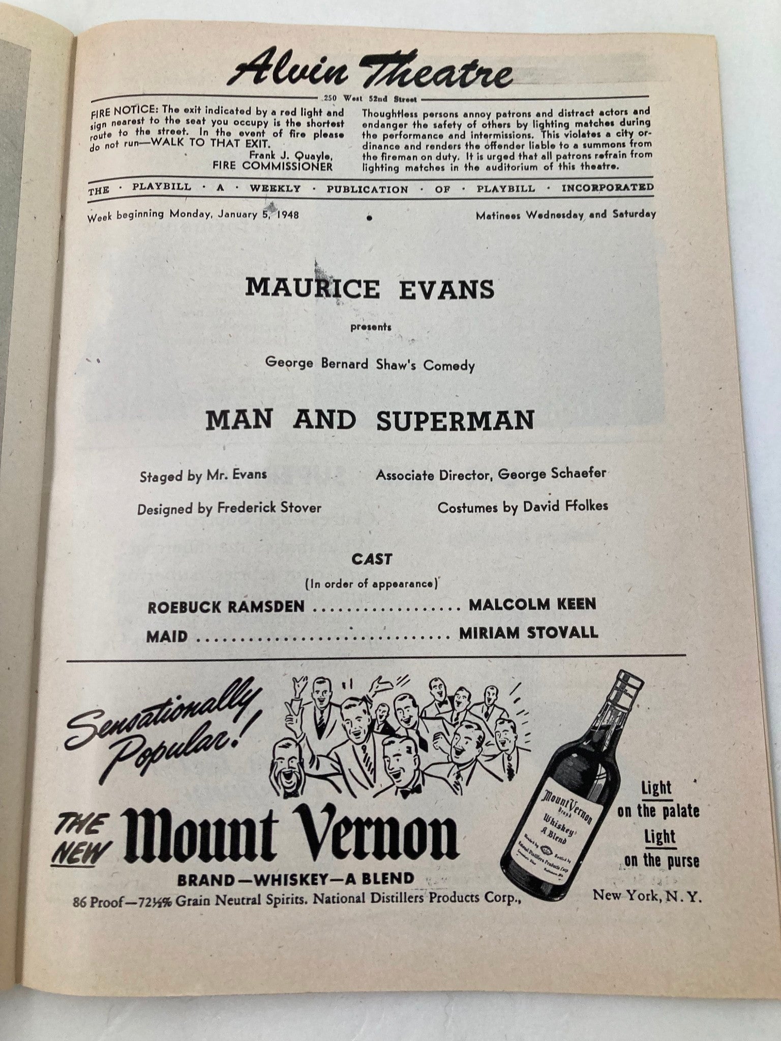 1948 Playbill Alvin Theatre Malcolm Keen, Miriam Stovall in Man and Superman