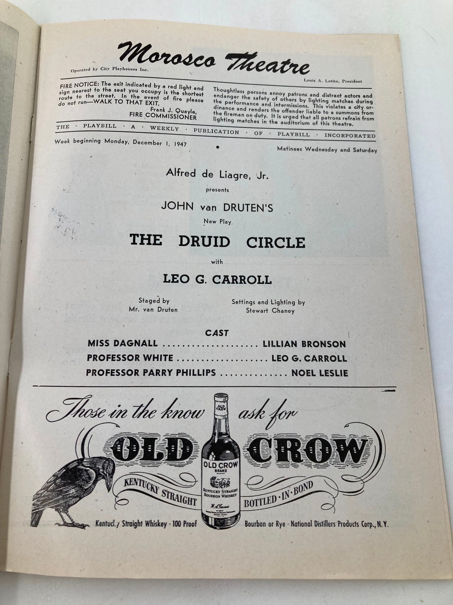 1947 Playbill Morosco Theatre Lillian Bronson, Leo G Carroll in The Druid Circle