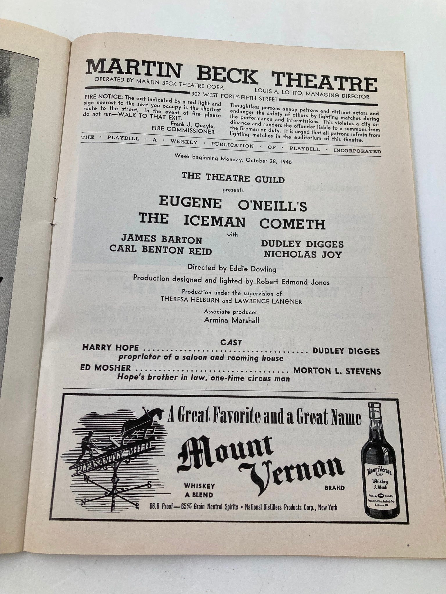 1946 Playbill Martin Beck Theatre James Barton in The Iceman Cometh