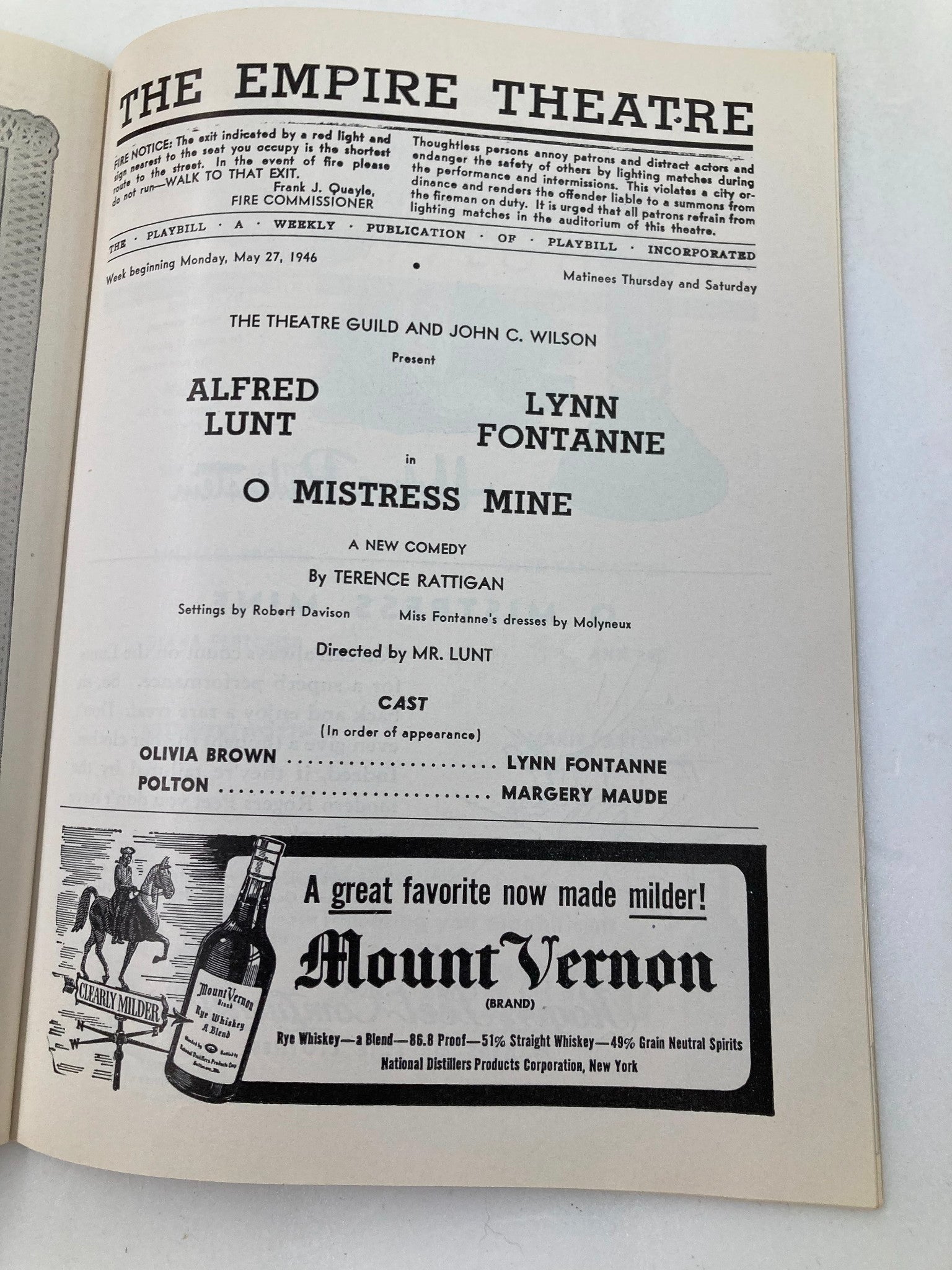 1946 Playbill The Empire Theatre Alfred Lunt, Lynn Fontanne in O Mistress Mine