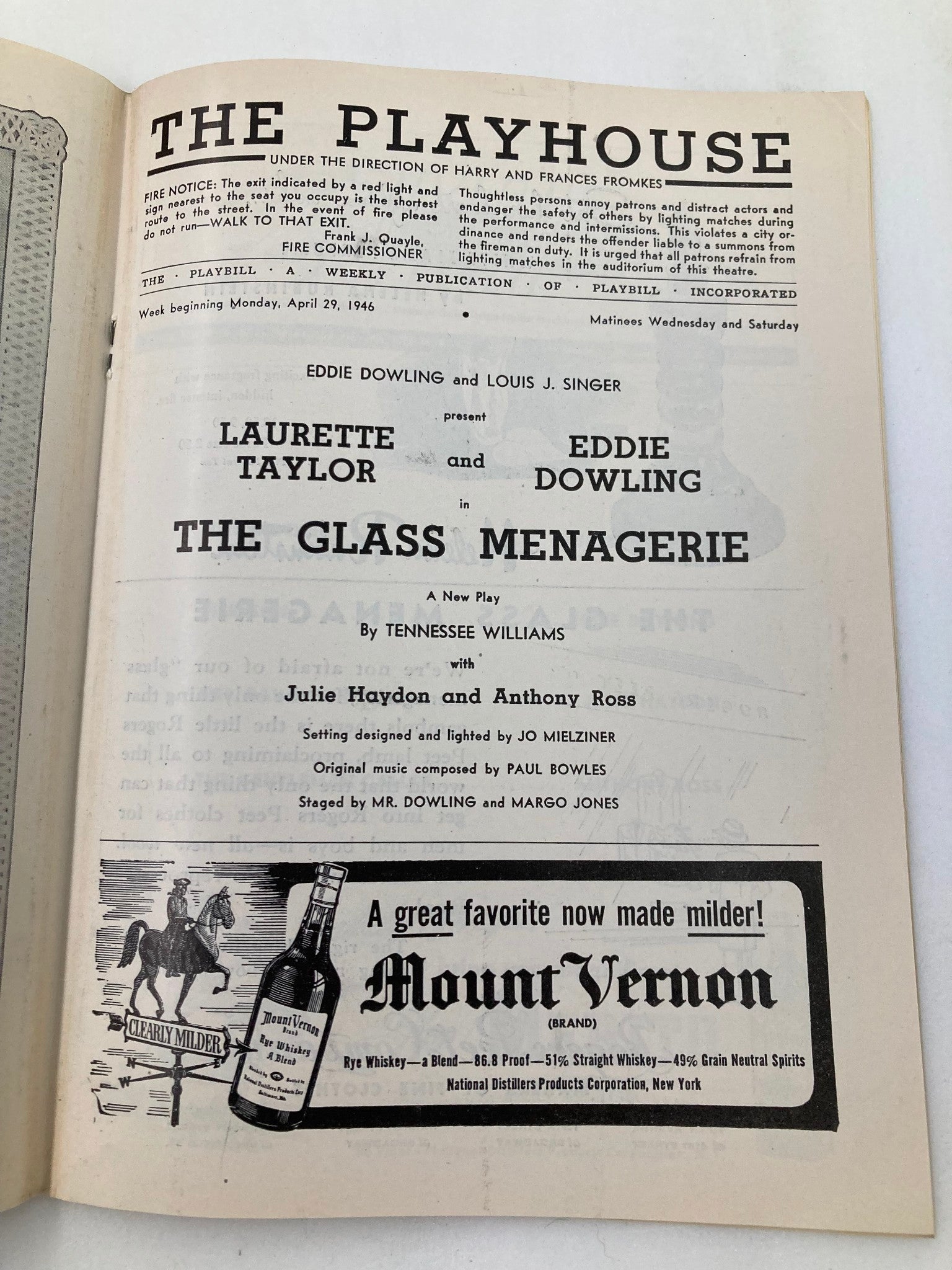 1946 Playbill The Playhouse Laurette Taylor Eddie Dowling in The Glass Menagerie