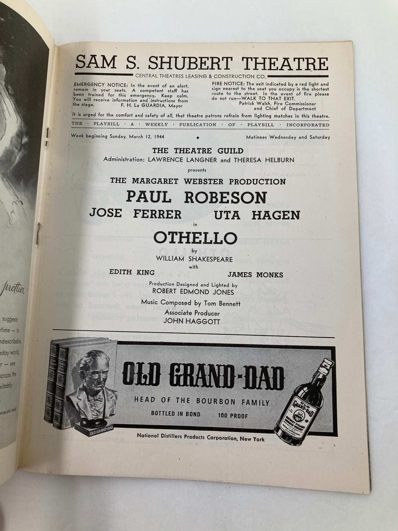 1944 Playbill Sam S. Shubert Theatre Paul Robeson, Jose Ferrer in Othello