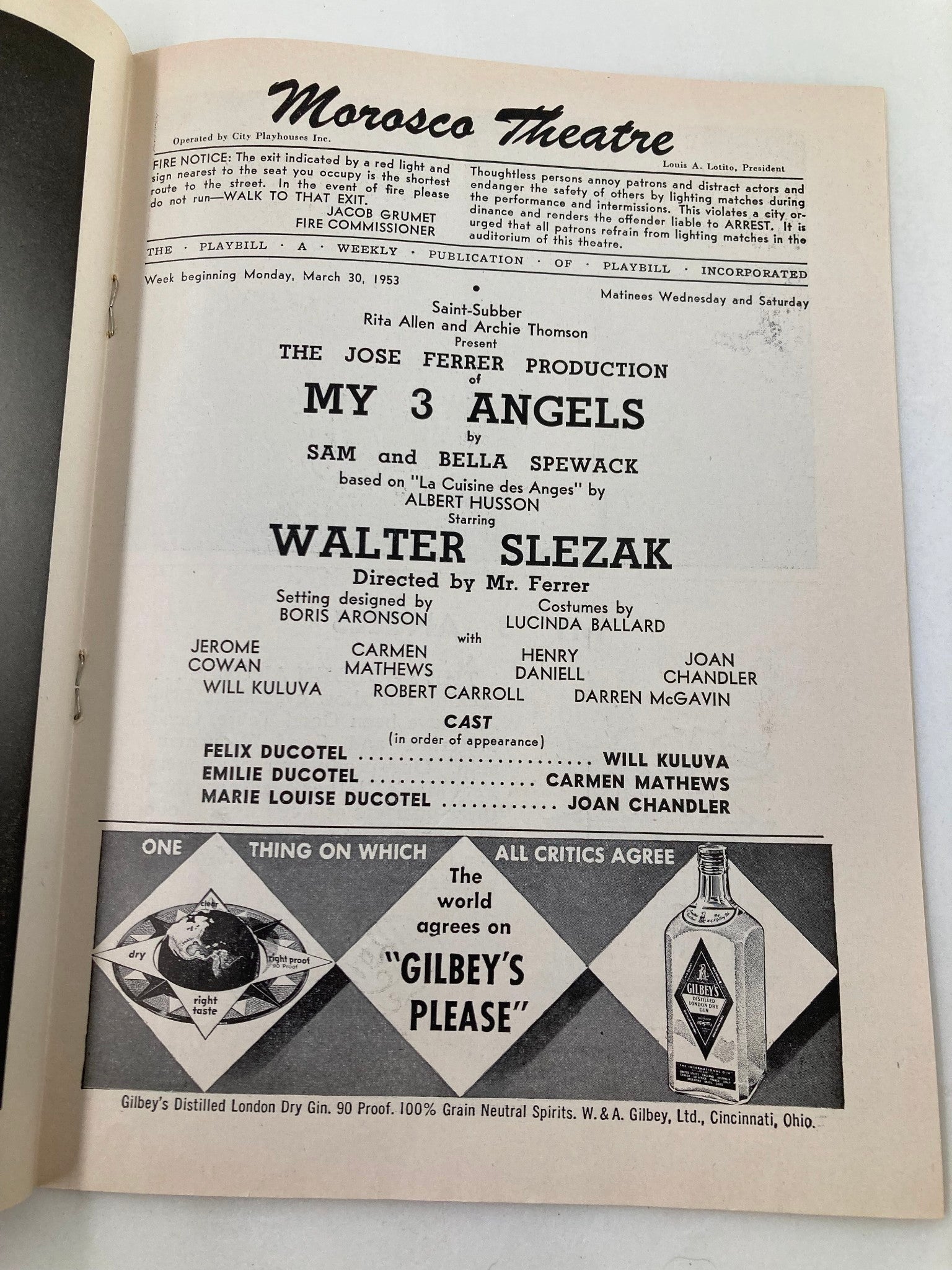 1953 Playbill Morosco Theatre Walter Slezak, Will Kuluva in My 3 Angels