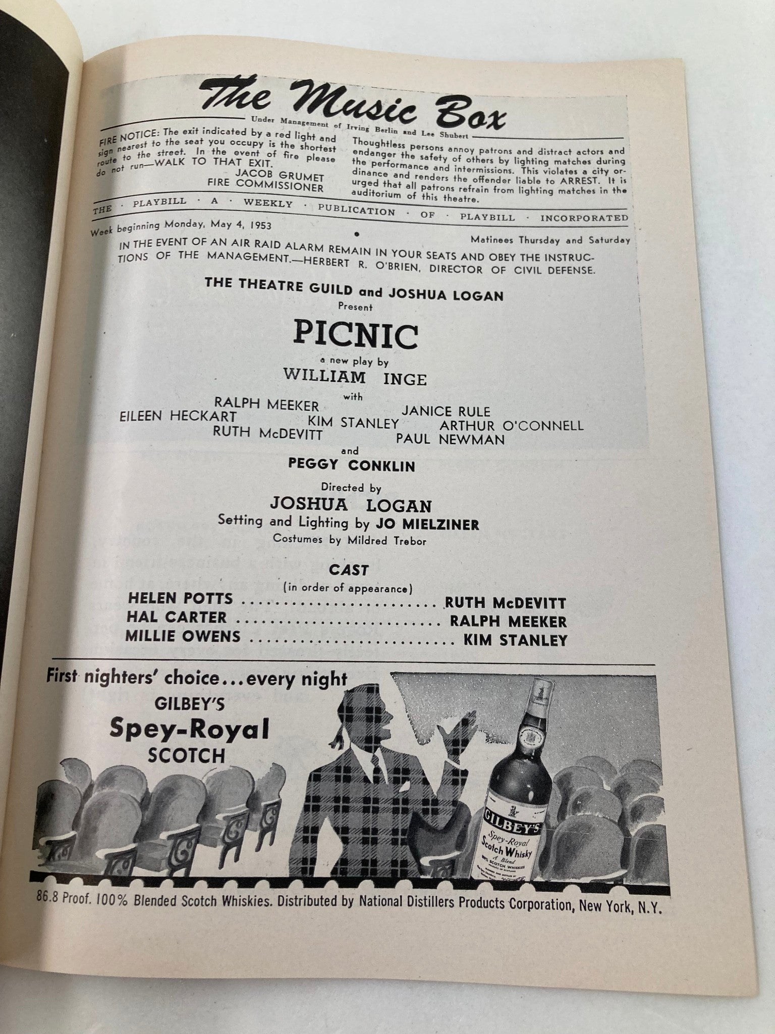 1953 Playbill The Music Box Ralph Meeker, Janice Rule, Kim Stanley in Picnic