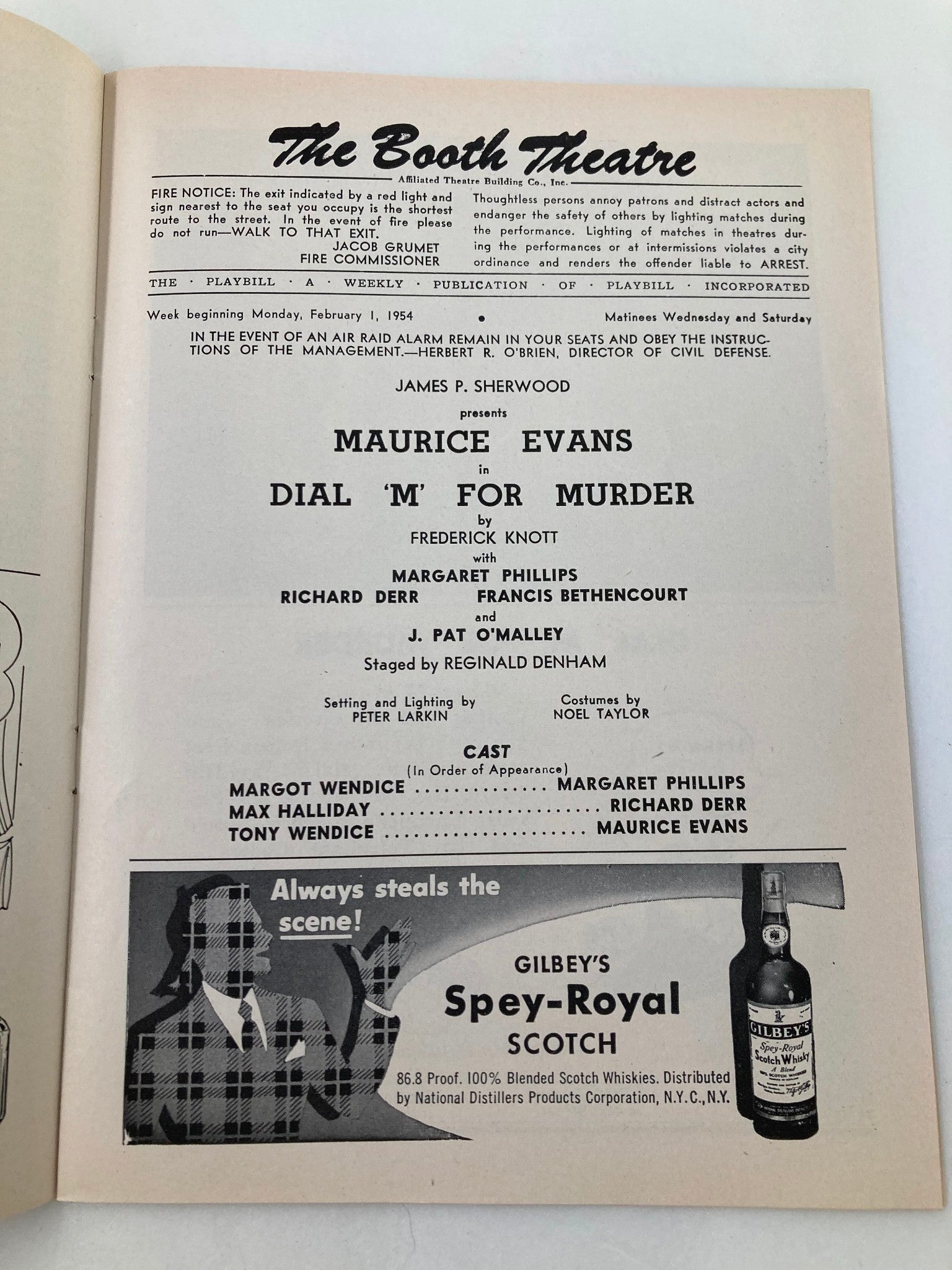 1954 Playbill The Booth Theatre Maurice Evans in Dial 'M' For Murder