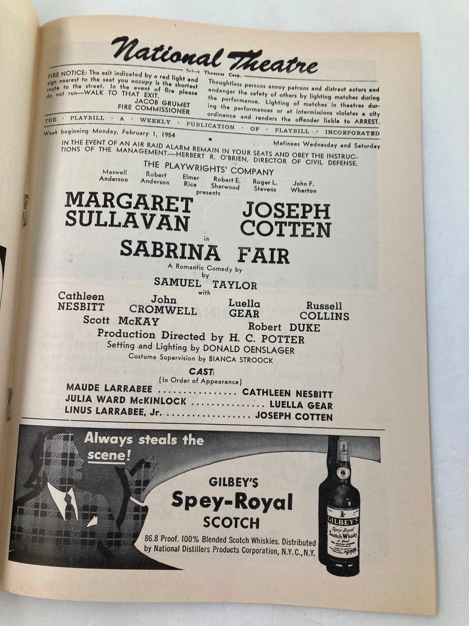 1954 Playbill National Theatre Margaret Sullavan, Joseph Cotten in Sabrina Fair