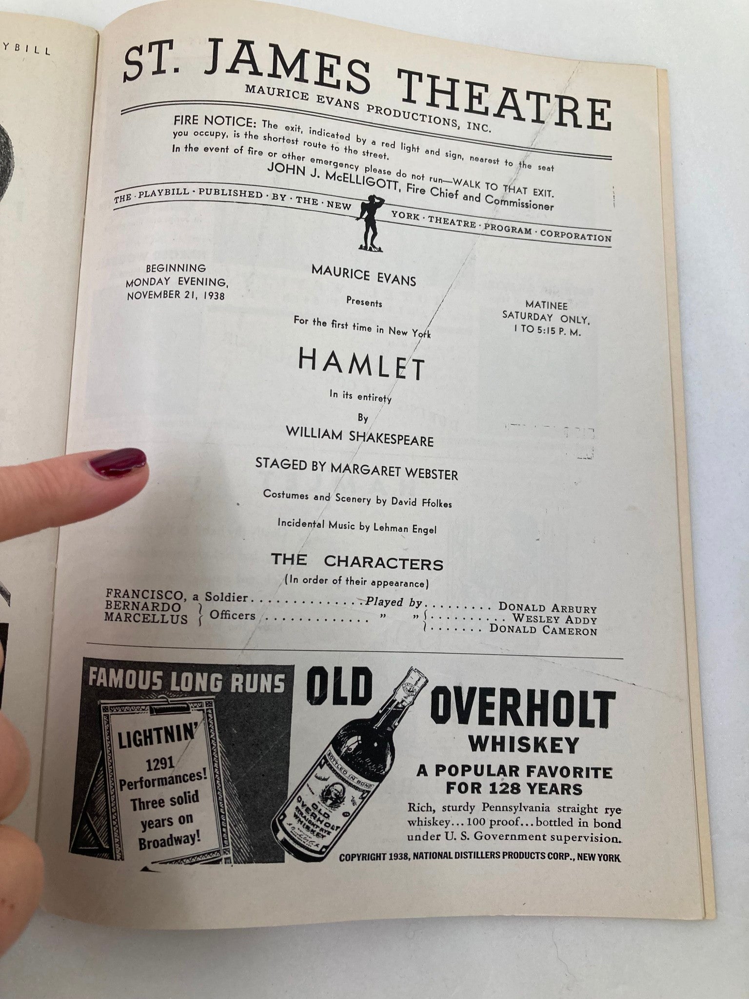 1938 Playbill St. James Theatre Donald Arbury, Welsey Andy in Hamlet