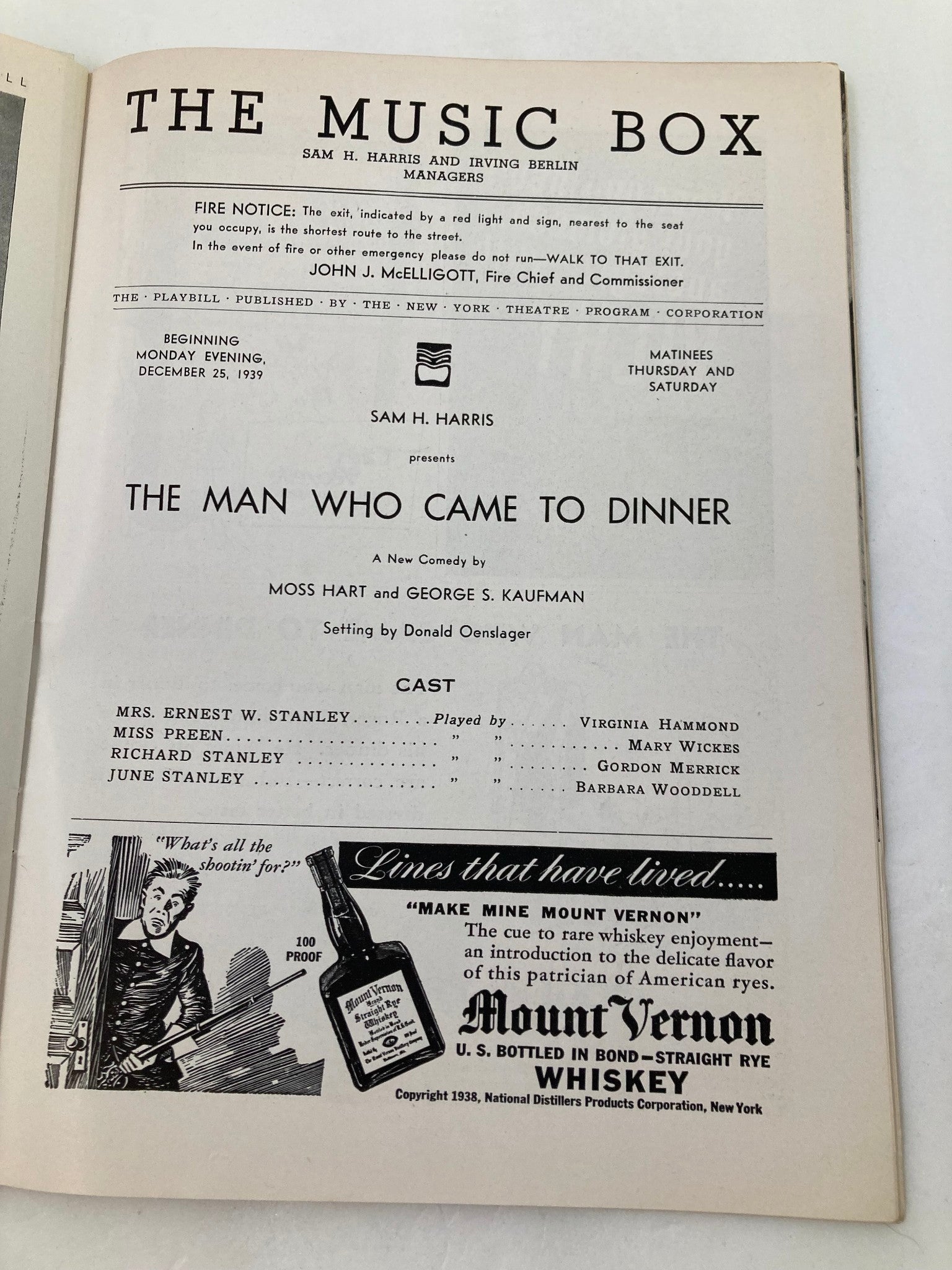 1939 Playbill The Music Box Gordon Merrick in The Man Who Came To Dinner