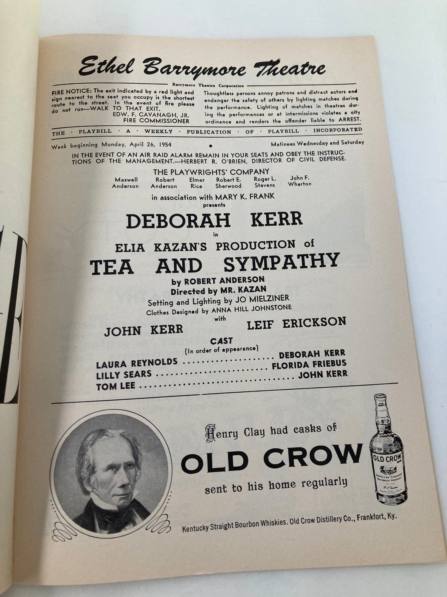 1954 Playbill Ethel Barrymore Theatre Deborah Kerr in Tea and Sympathy