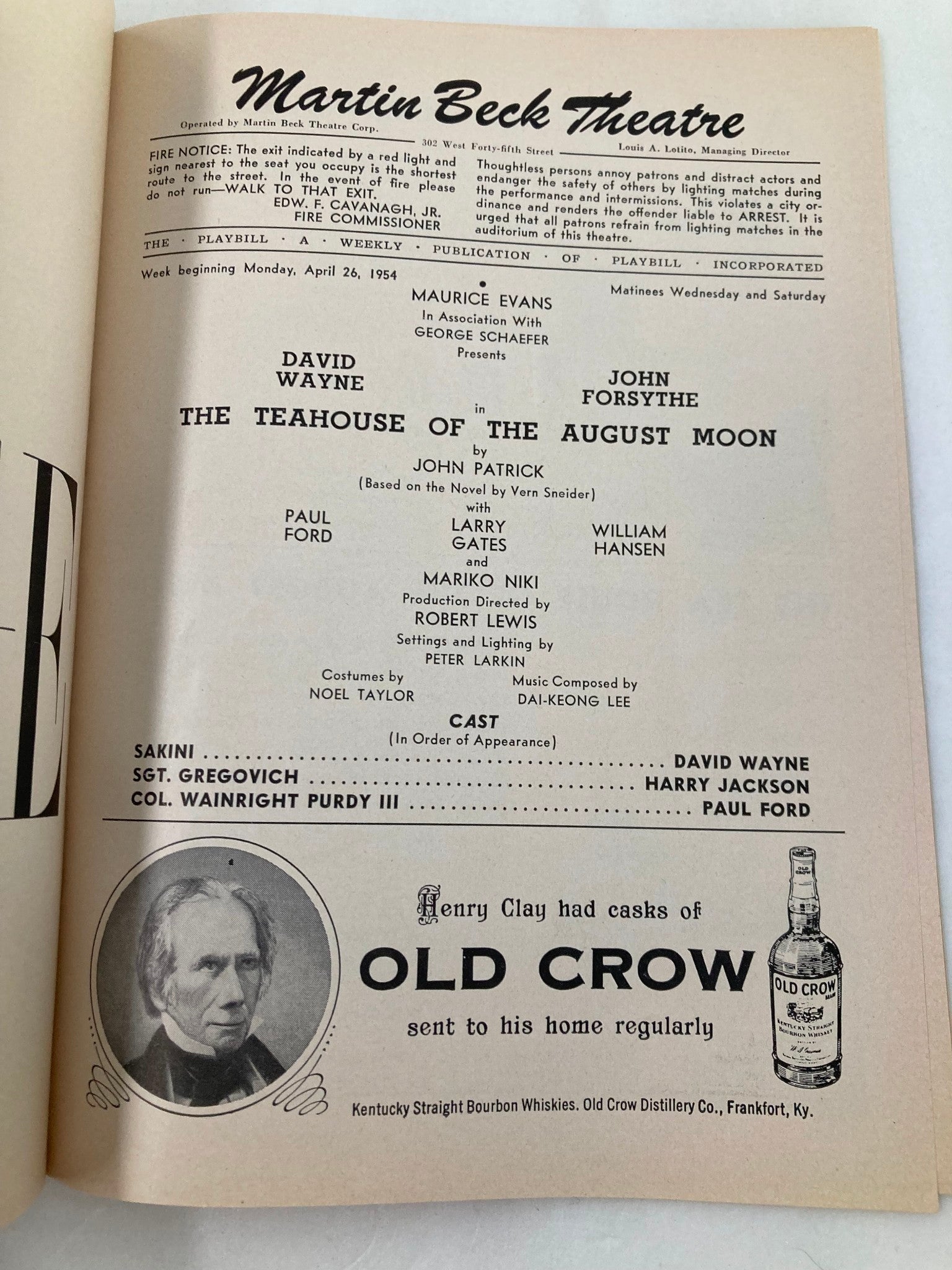 1954 Playbill Martin Beck Theatre John Forsythe The Teahouse of The August Moon