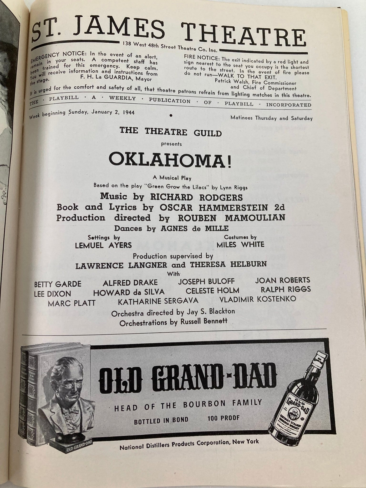 1944 Playbill St. James Theatre Betty Garde, Alfred Drake in Oklahoma!