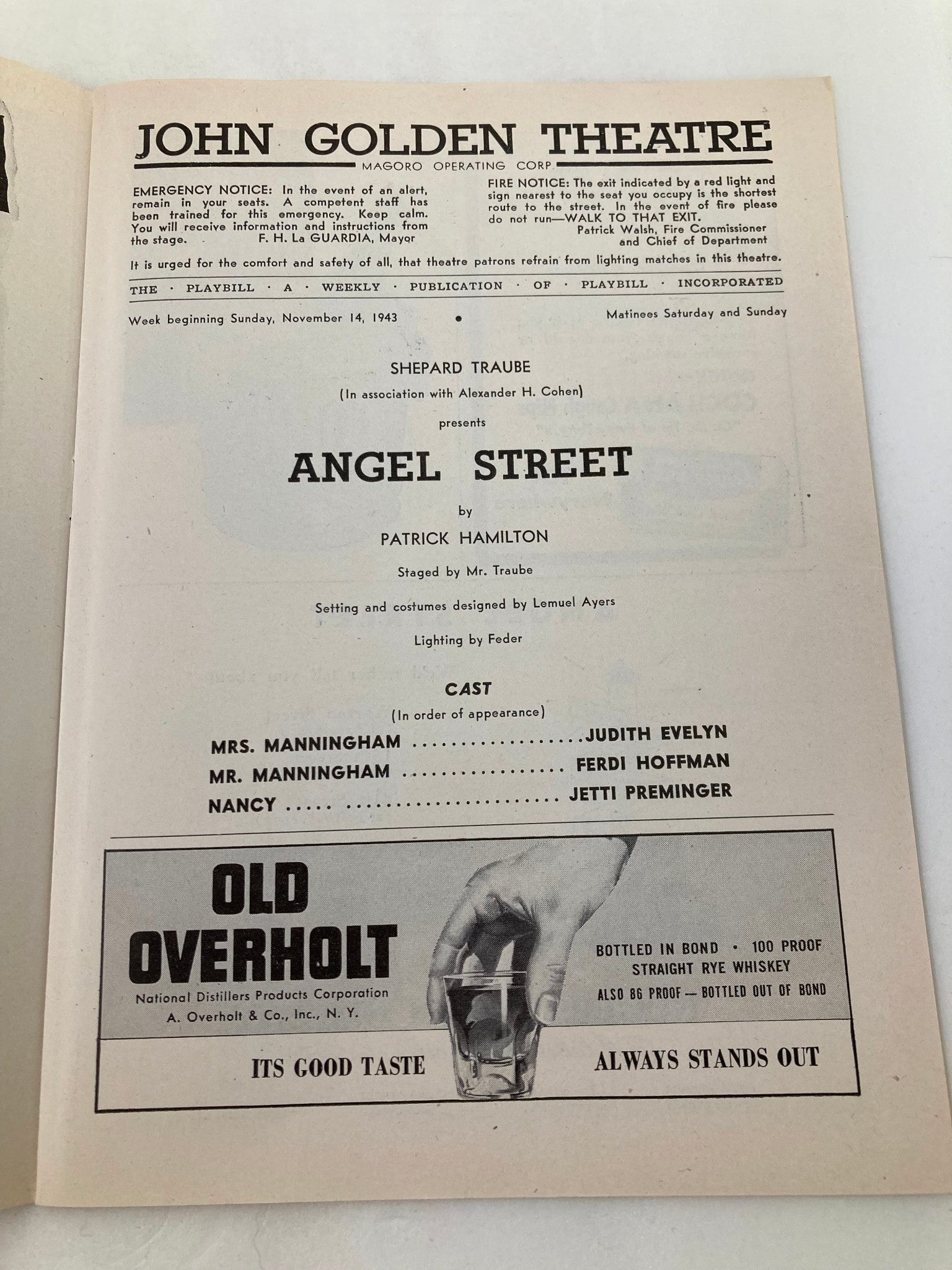 1943 Playbill John Golden Theatre Judith Evelyn, Ferdi Hoffman in Angel Street