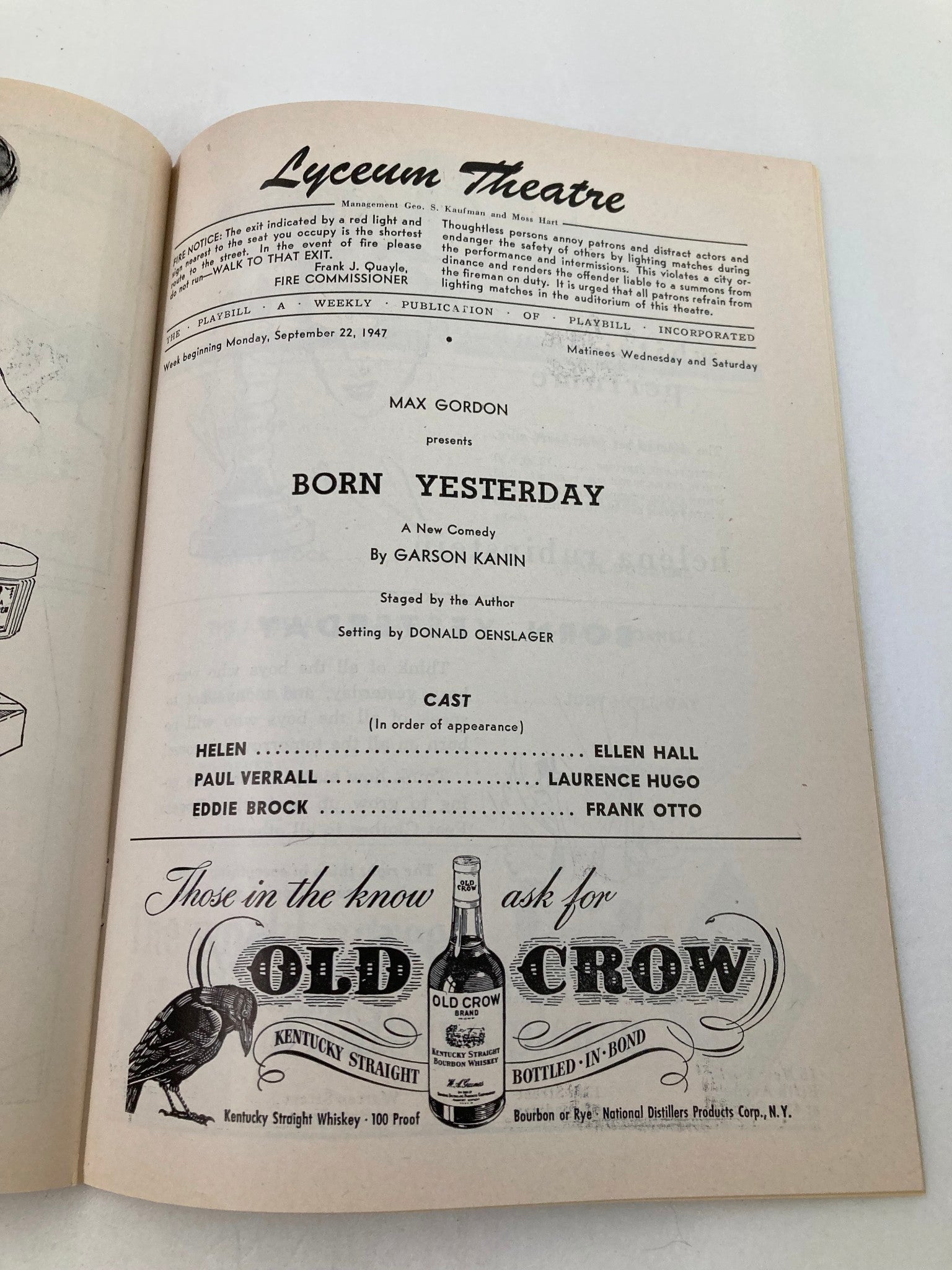 1947 Playbill Lyceum Theatre Ellen Hall, Frank Otto in Born Yesterday