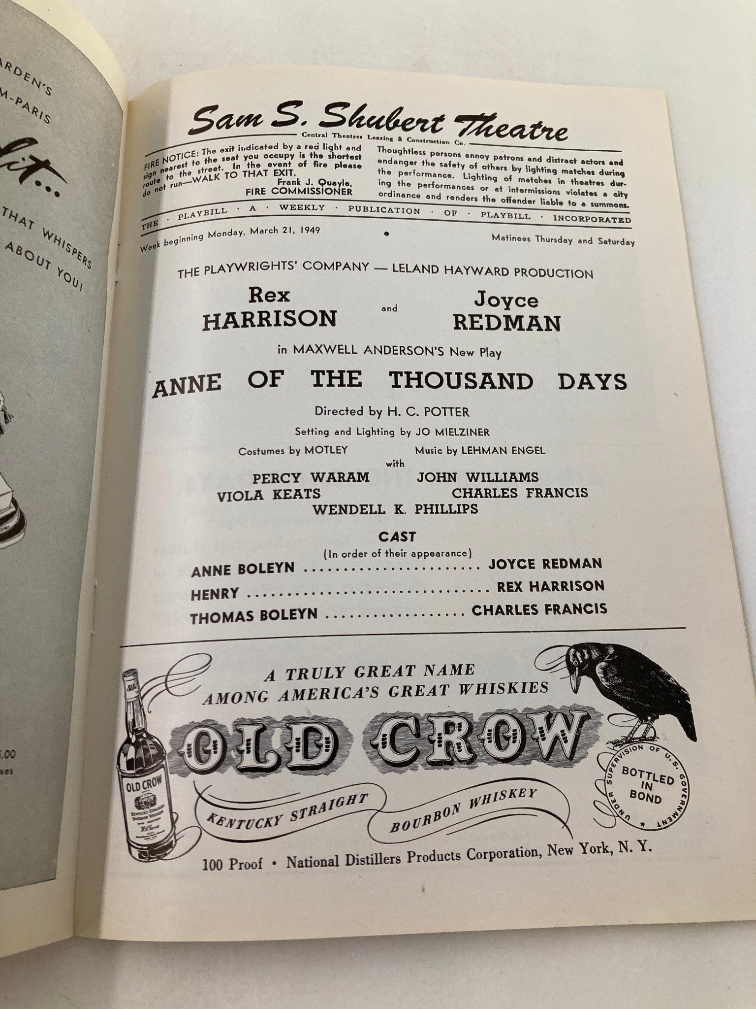 1949 Playbill Sam S. Shubert Theatre Rex Harrison in Anne of the Thousand Days