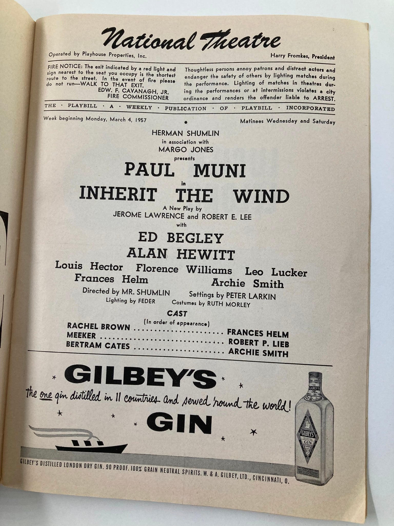 1957 Playbill National Theatre Paul Muni, Ed Begley in Inherit the Wind