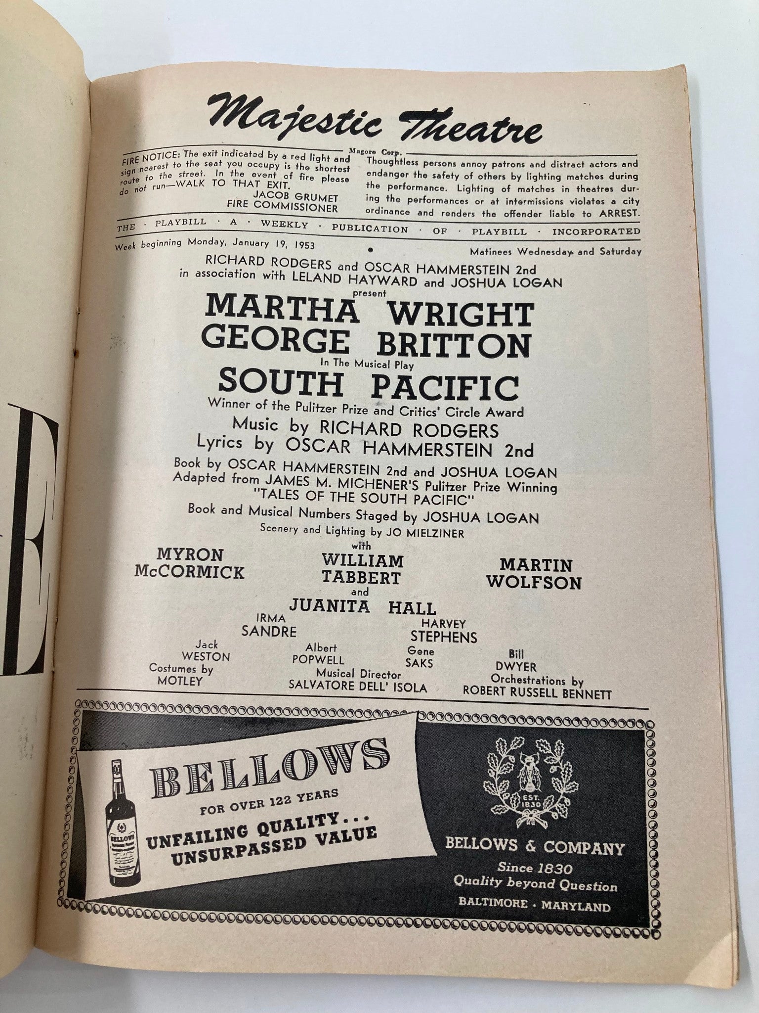 1953 Playbill Majestic Theatre Marta Wright, George Britton in South Pacific