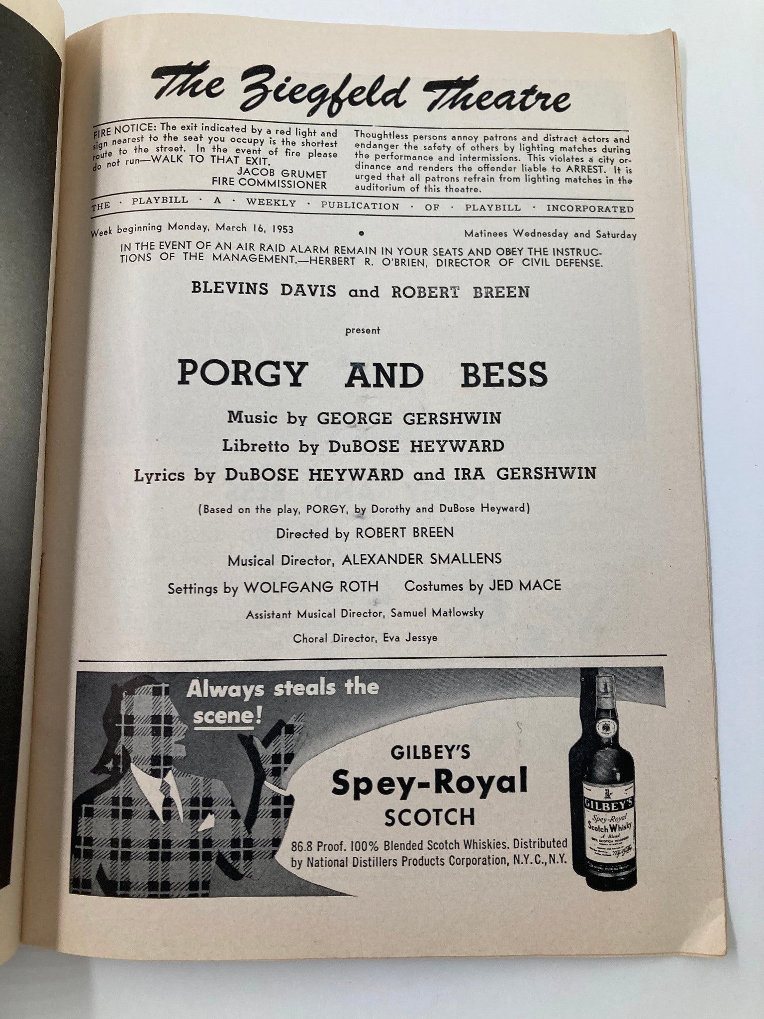 1953 Playbill The Ziegfeld Theatre Blevin Days Present Porgy and Bess