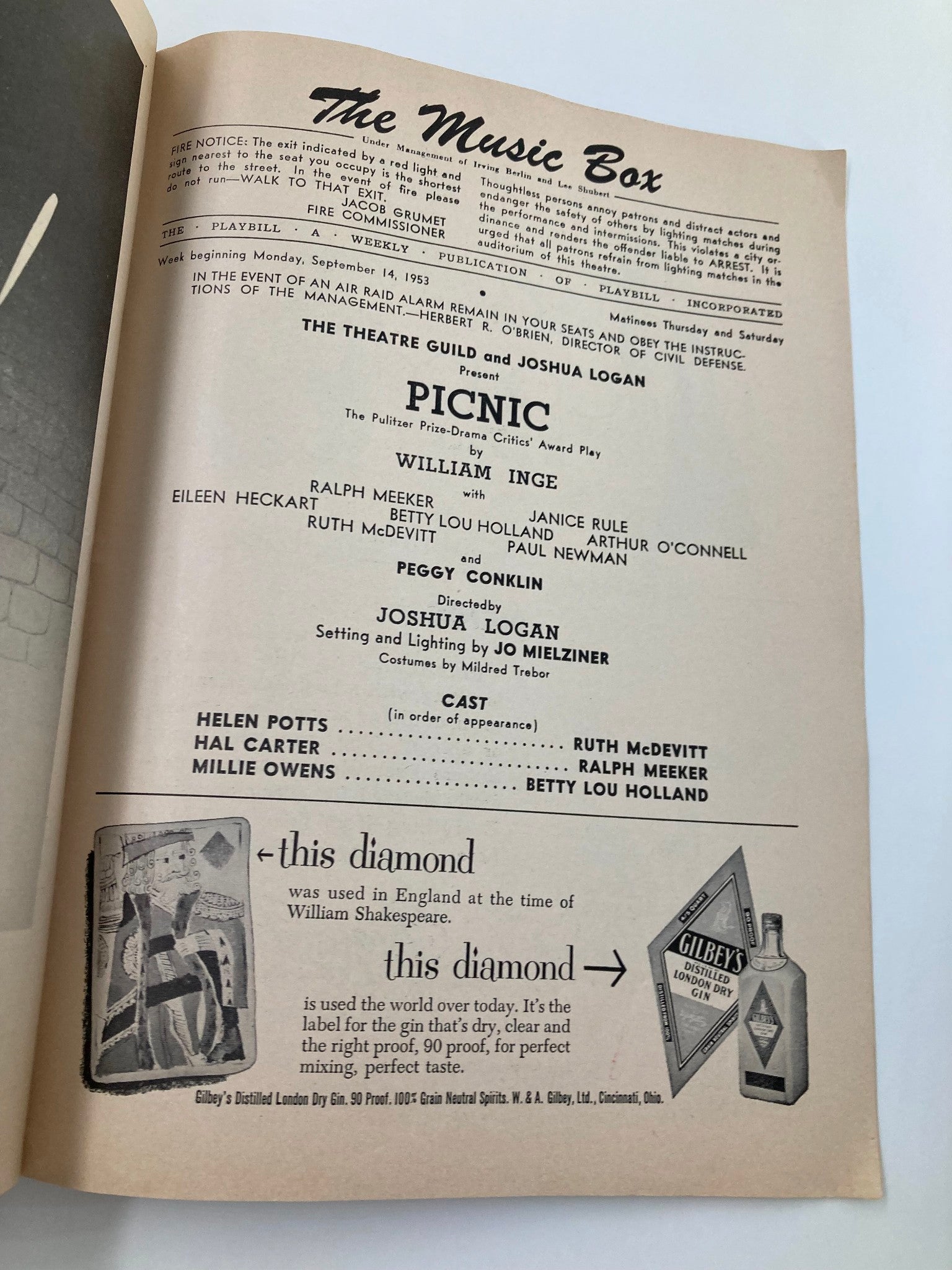 1953 Playbill The Music Box Ruth McDevitt, Ralph Meeker in Picnic