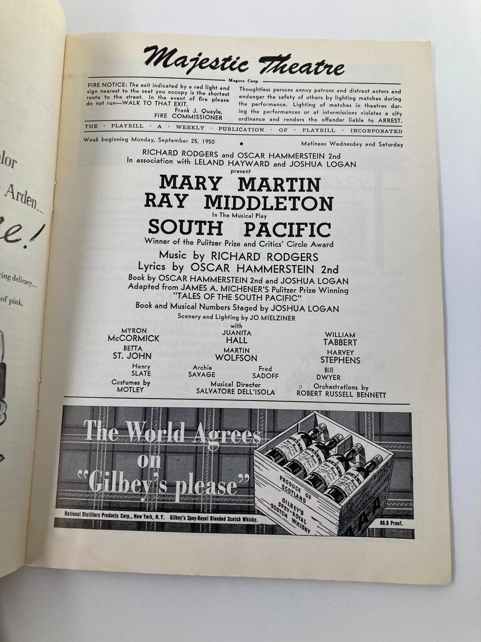 1950 Playbill Majestic Theatre Mary Martin, Ray Middleton in South Pacific