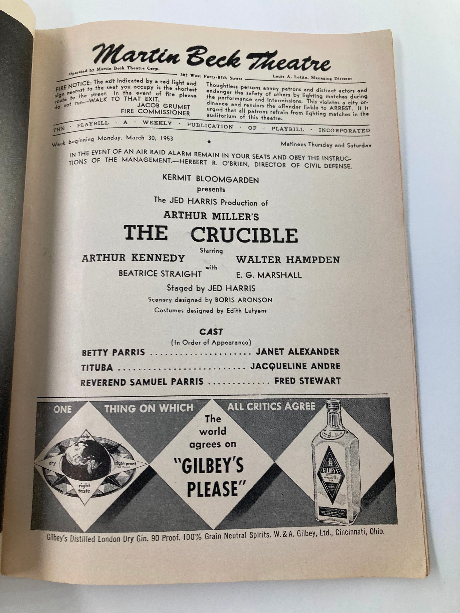 1953 Playbill Martin Beck Theatre Arthur Kennedy, Walter Hampden in The Crucible