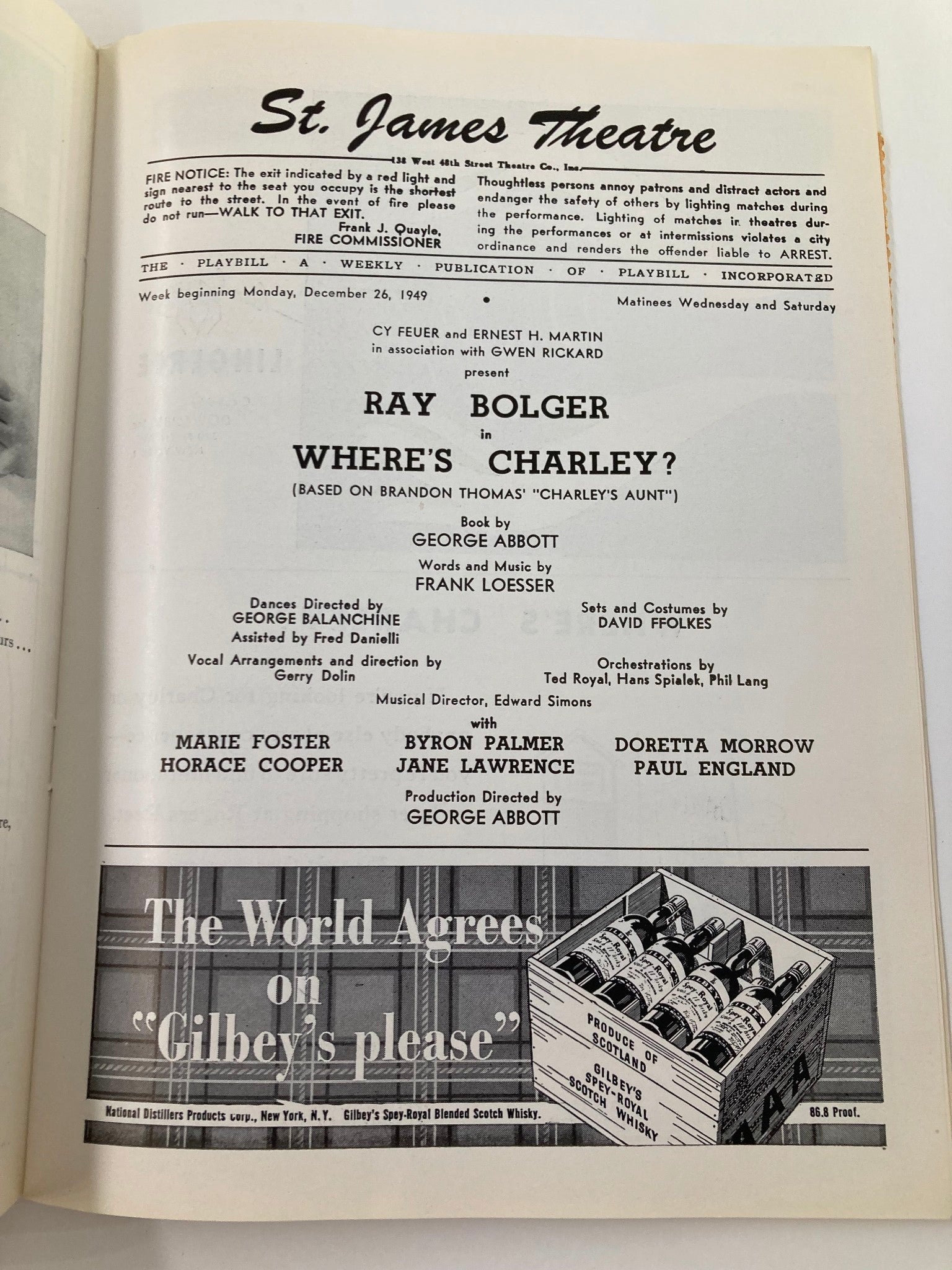 1949 Playbill St. James Theatre Ray Bolger, Marie Foster in Where's Charley?