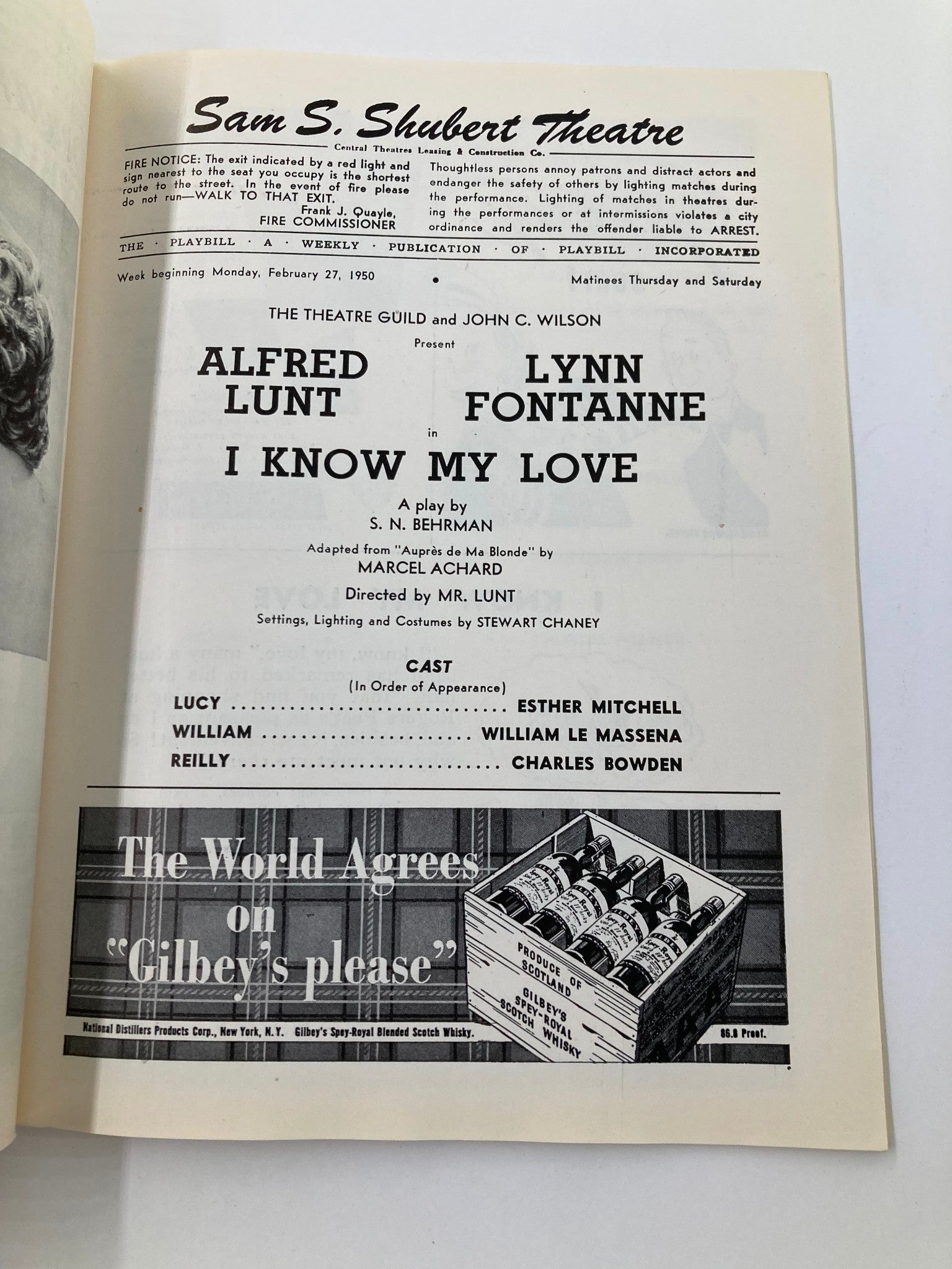 1950 Playbill Sam S. Shubert Theatre Alfred Lunt Lynn Fontanne in I Know My Love