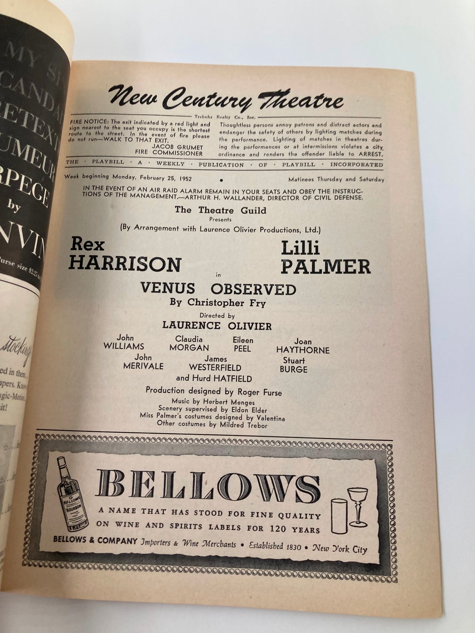 1952 Playbill New Century Theatre Rex Harrison, Lilli Palmer in Venus Observed