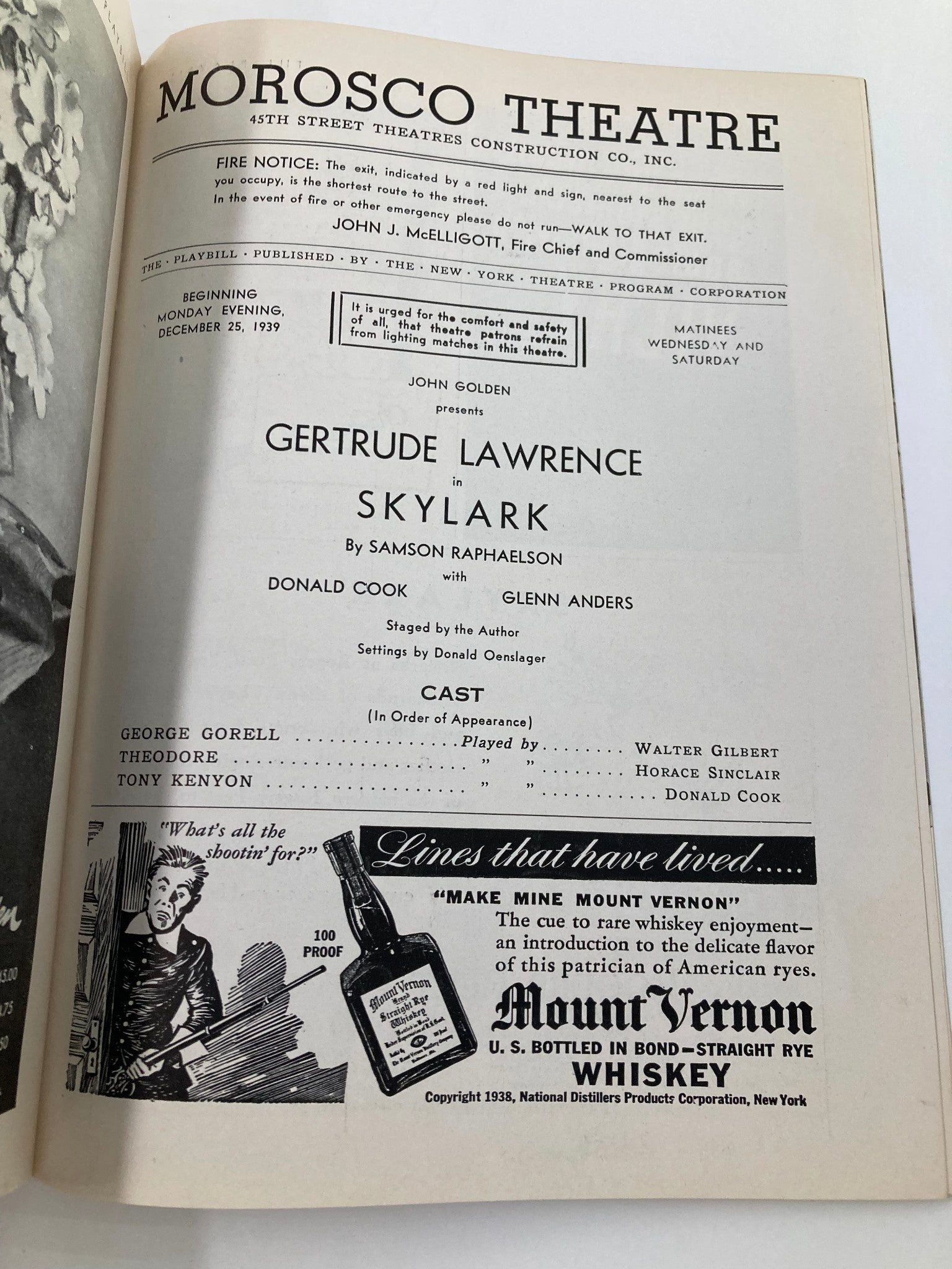 1939 Playbill Morosco Theatre Gertrude Lawrence, Donald Cook in Skylark