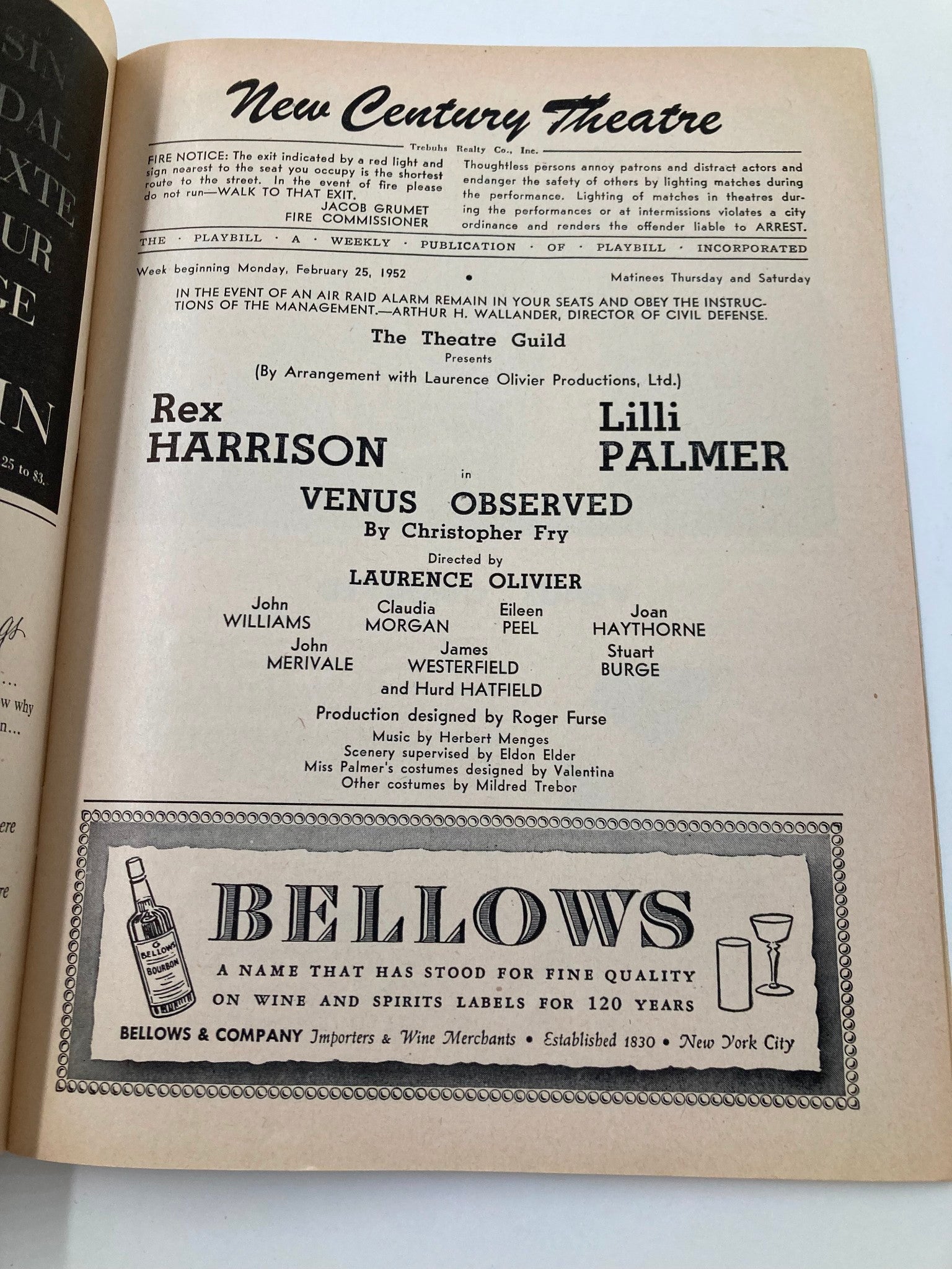 1952 Playbill New Century Theatre Lilli Palmer, Rex Harrison in Venus Observed