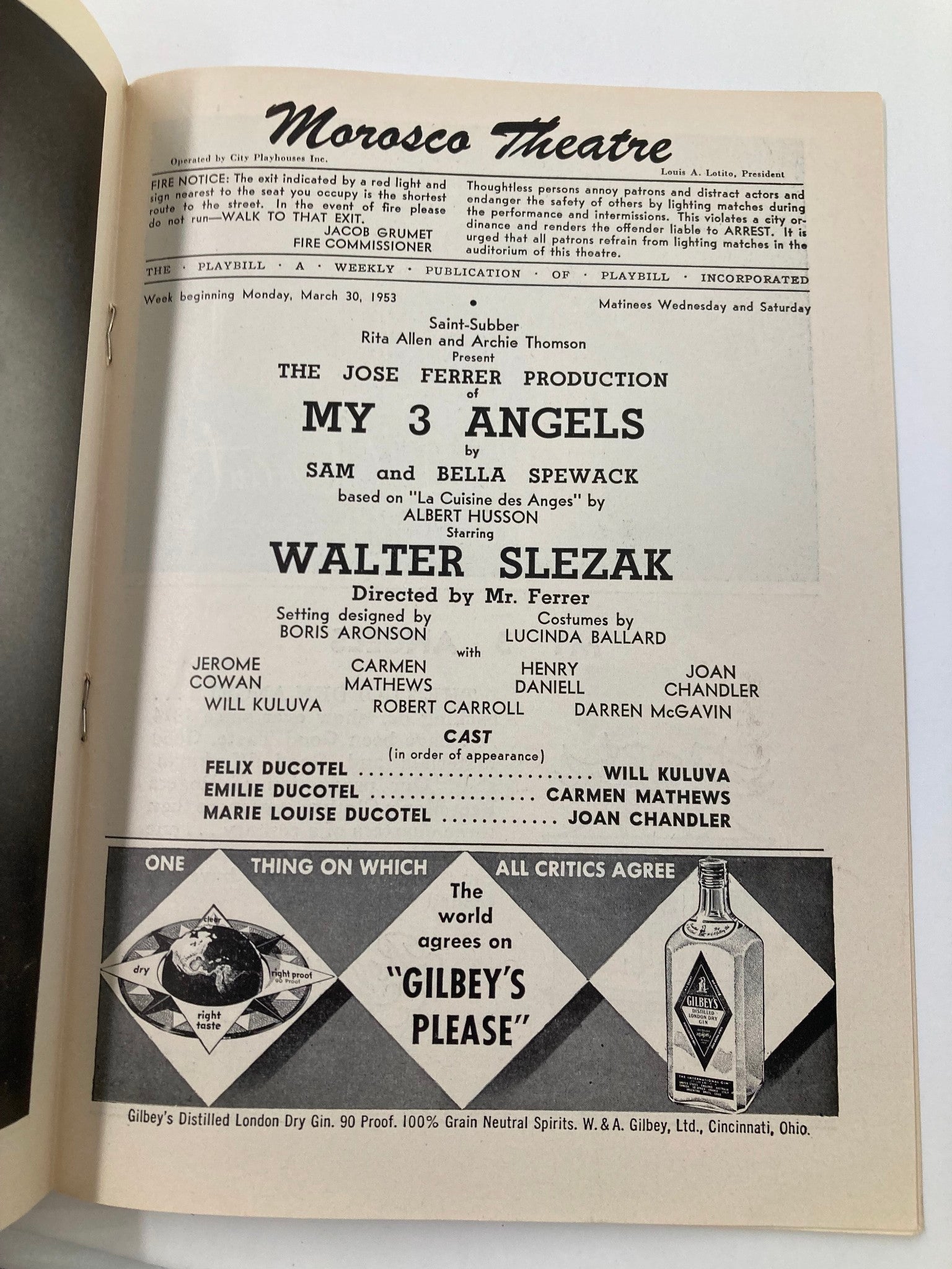 1953 Playbill Morosco Theatre Walter Slezak, Jerome Cowan in My 3 Angels