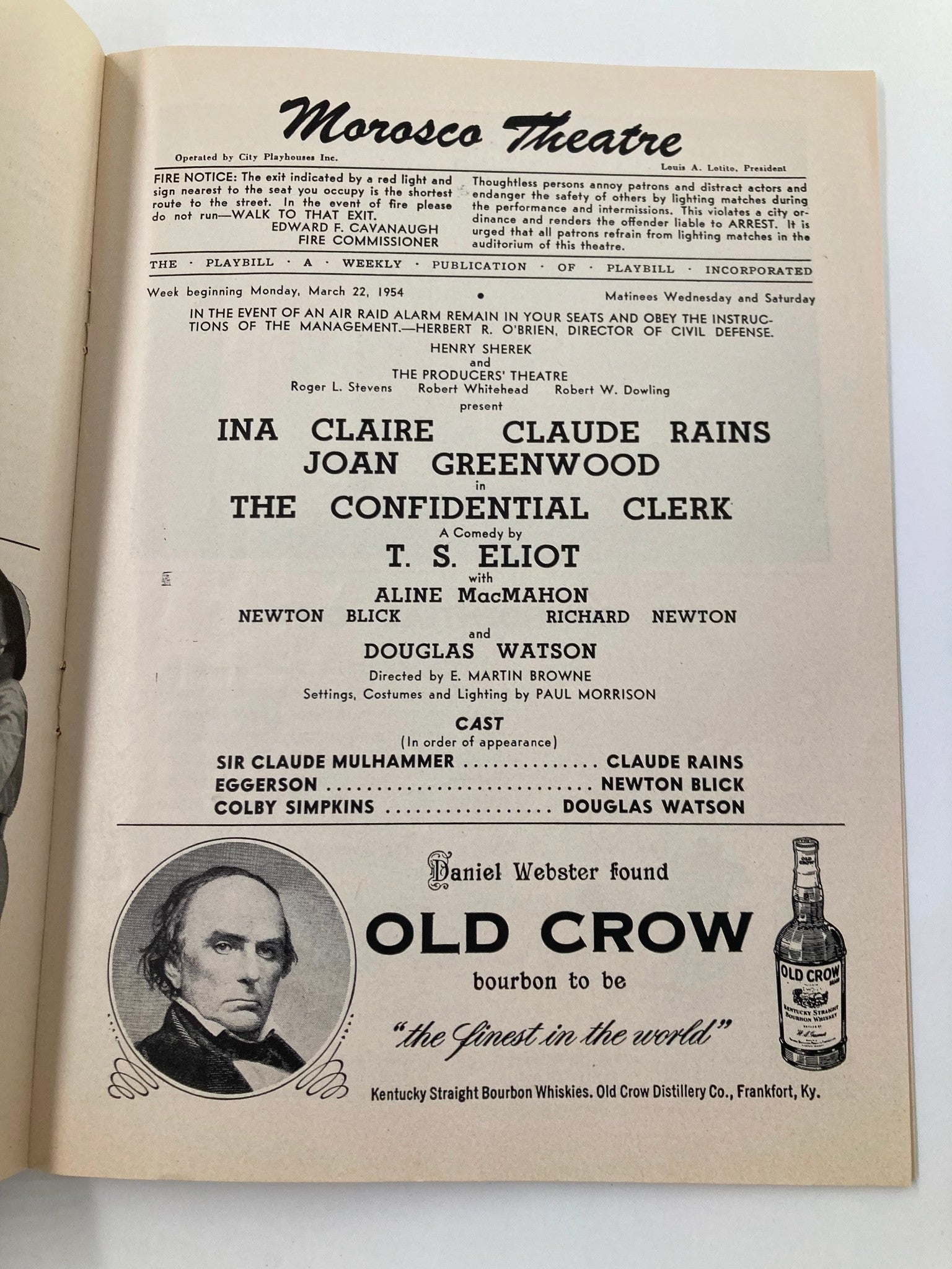 1954 Playbill Morosco Theatre Ina Claire, Claude Rains in The Confidential Clerk