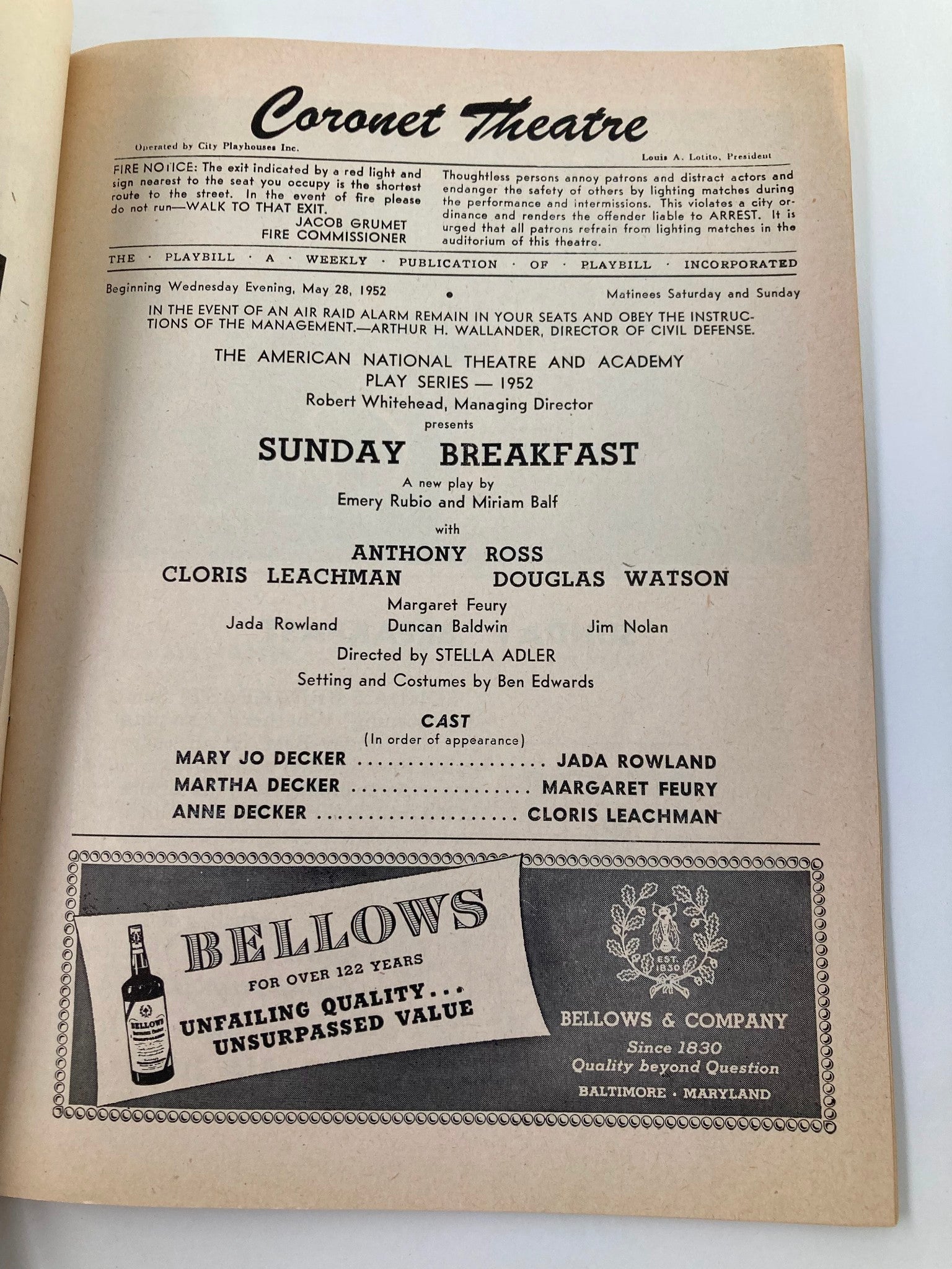 Inside page of the 1952 Playbill for the Coronet Theatre, detailing the cast of Sunday Breakfast, including Anthony Ross, Cloris Leachman, and Douglas Watson.