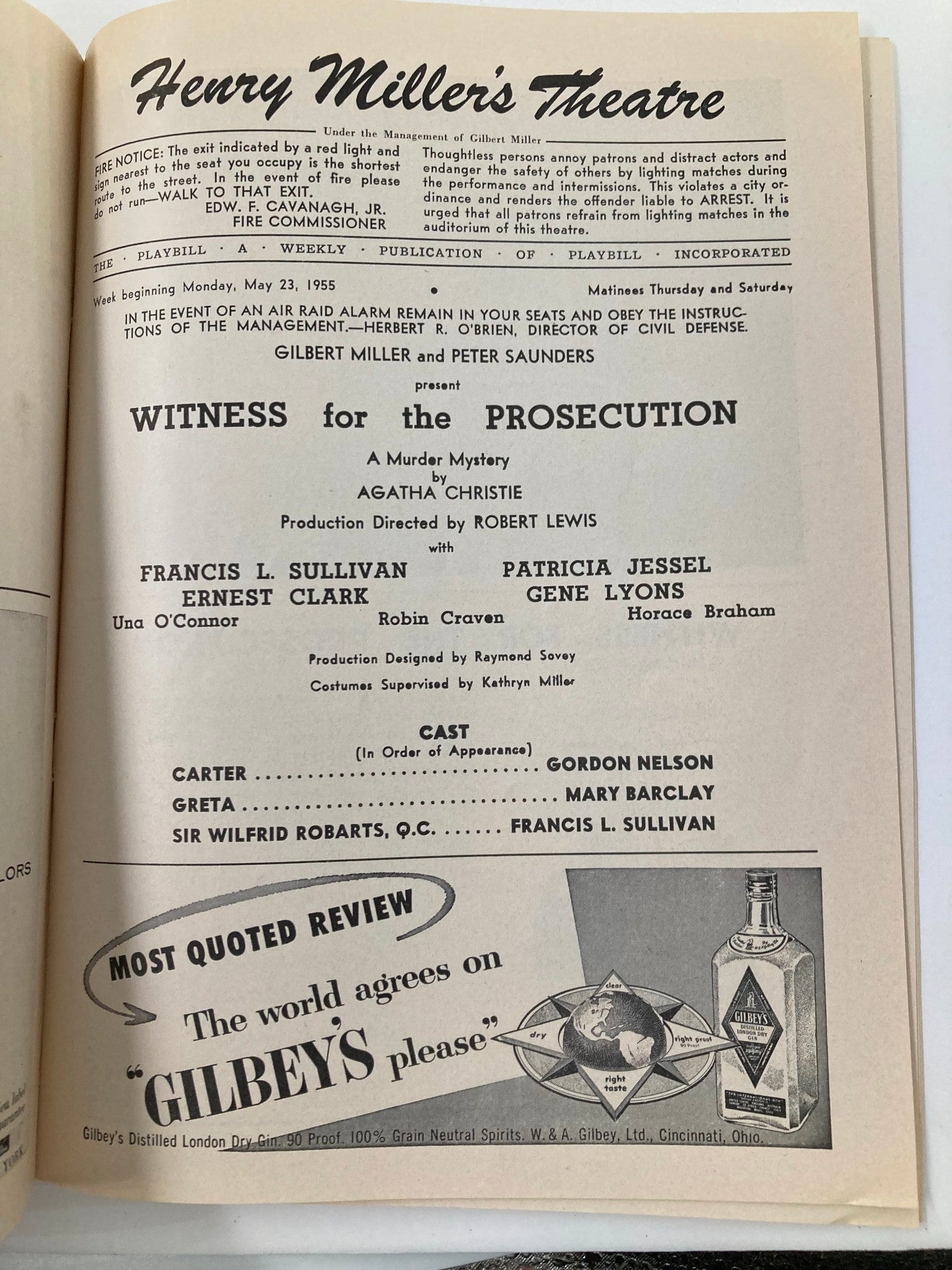 1955 Playbill Henry Miller's Theatre Gene Lyons in Witness for the Prosecution