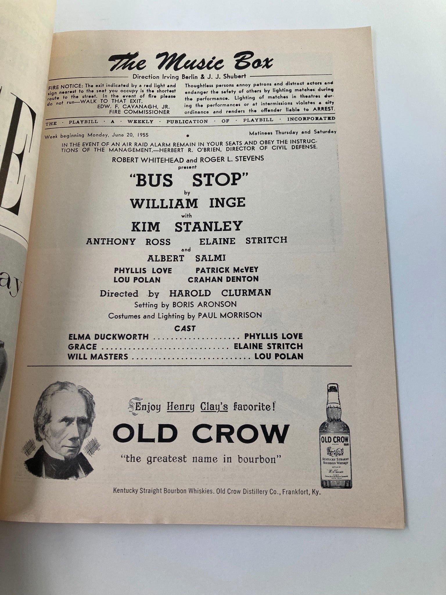 1955 Playbill The Music Box Kim Stanley, Elaine Stritch in Bus Stop