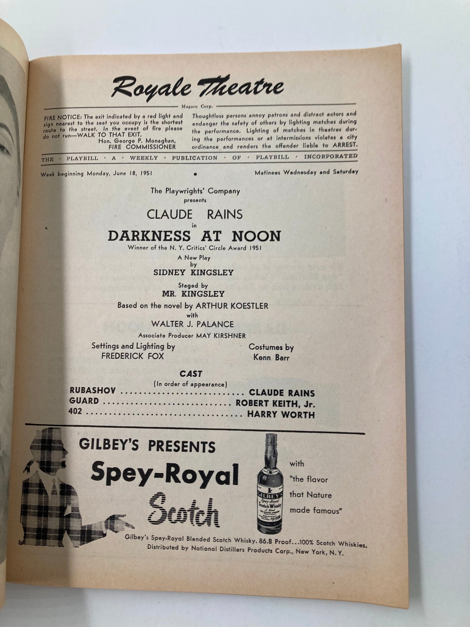 1951 Playbill Royale Theatre Claude Rains, Robert Keith Jr. in Darkness at Noon