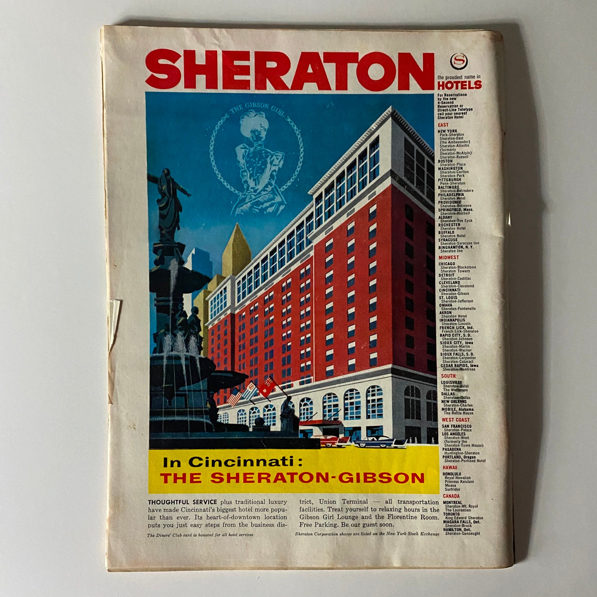 Vintage Sheraton Hotels advertisement showcasing the Sheraton-Gibson Hotel in Cincinnati, highlighting traditional luxury and hospitality services.