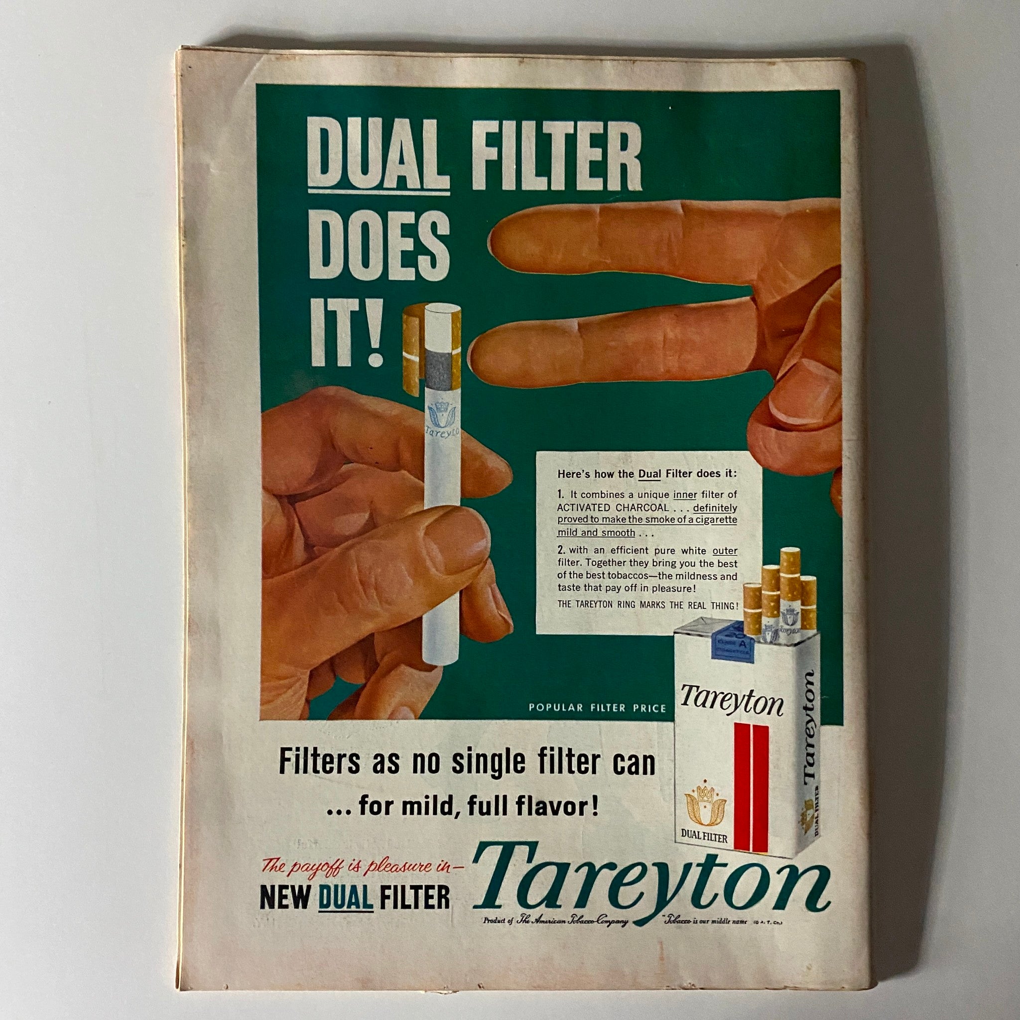 Back cover of Time Magazine March 7, 1960, displaying an advertisement for Tareyton cigarettes with a focus on dual filter technology.