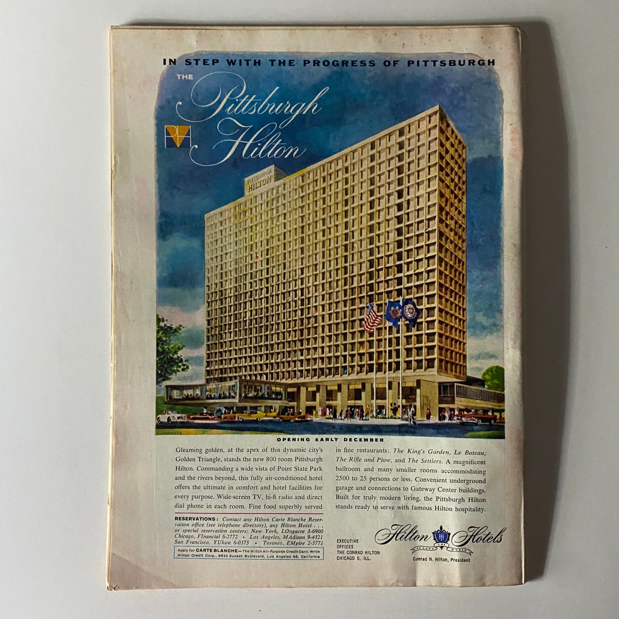 Back cover of Time Magazine from November 2 1959 Vol 74 No. 18, featuring an advertisement for the Pittsburgh Hilton hotel, highlighting its amenities and opening details.