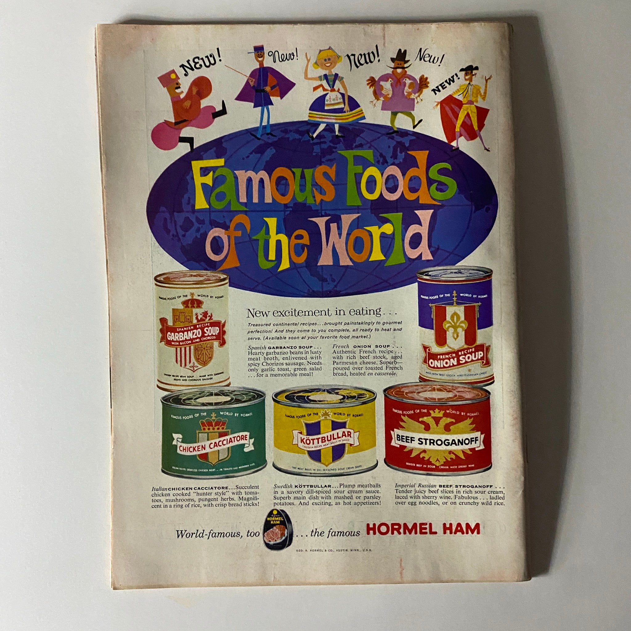 Advertisement from Time Magazine April 4 1960 Vol 75 No. 14 illustrating famous foods of the world, featuring various canned food products and vibrant illustrations.