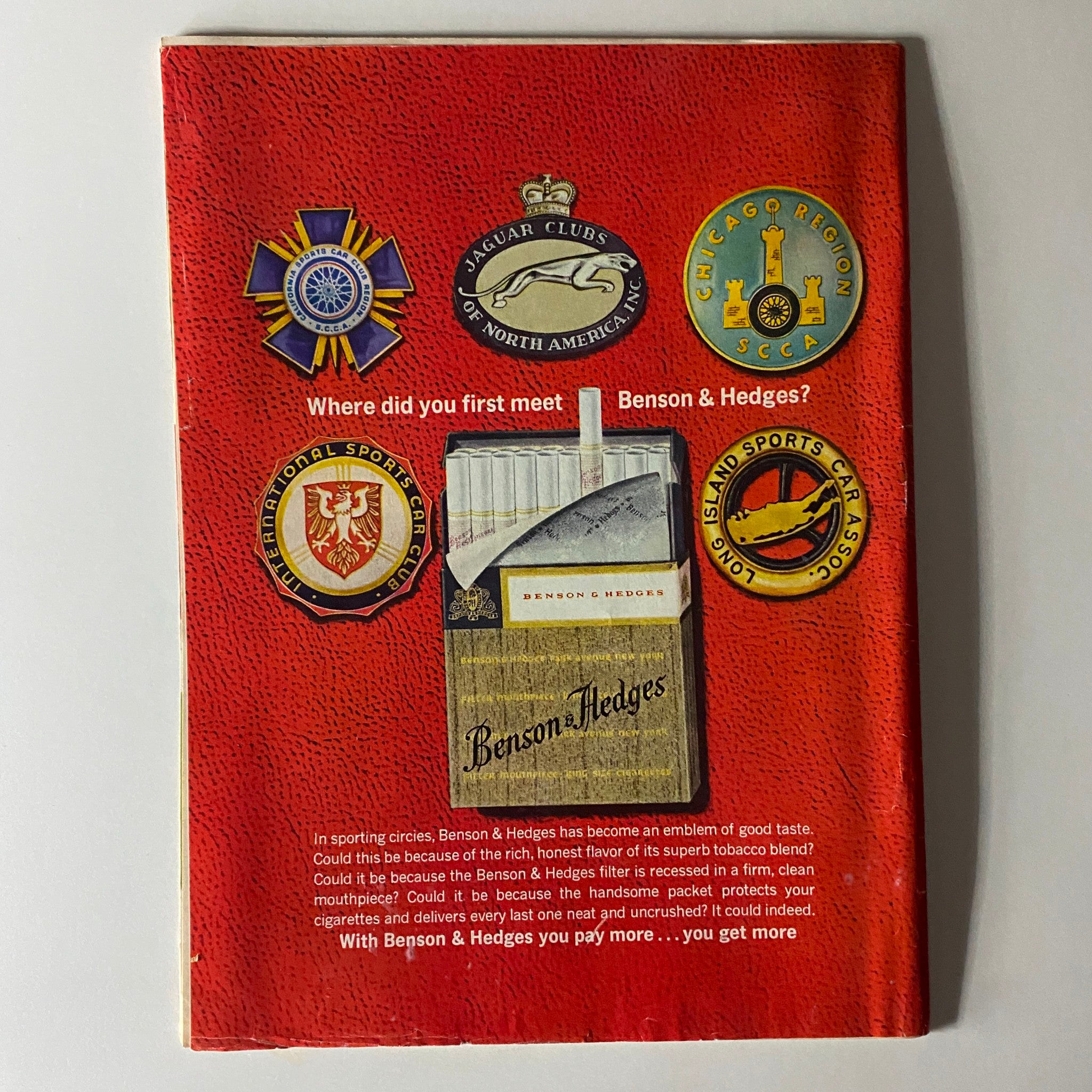 Back cover of Time Magazine August 2, 1963, Vol 82 No. 5, featuring promotional content for Benson & Hedges cigarettes with various car club badges.