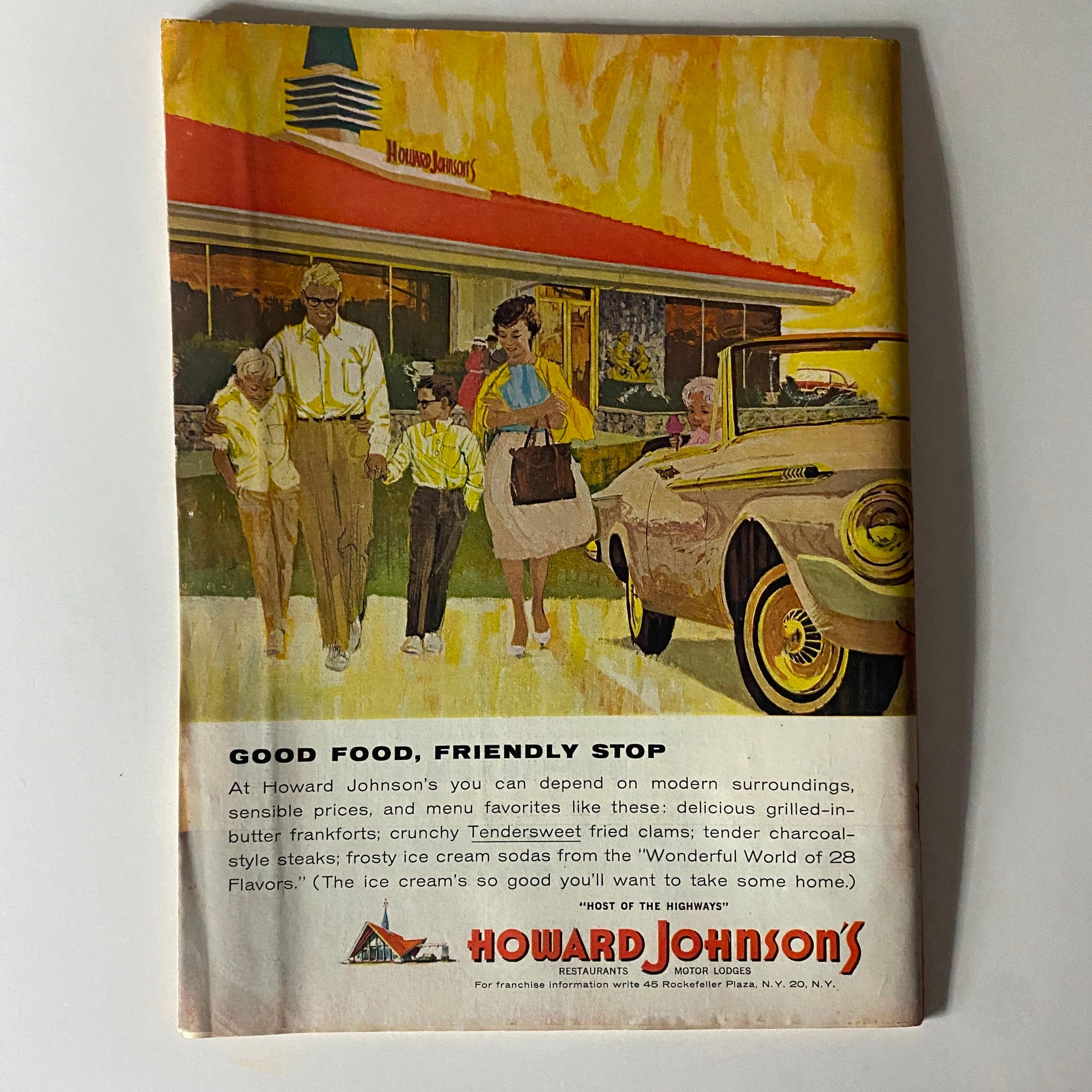 Vintage advertisement for Howard Johnson's showcasing a family at a restaurant, illustrating the 'Good Food, Friendly Stop' theme. This image relates to the Time Magazine August 16, 1963 issue, featuring the Archbishop of Canterbury, providing a glimpse into mid-century dining culture.