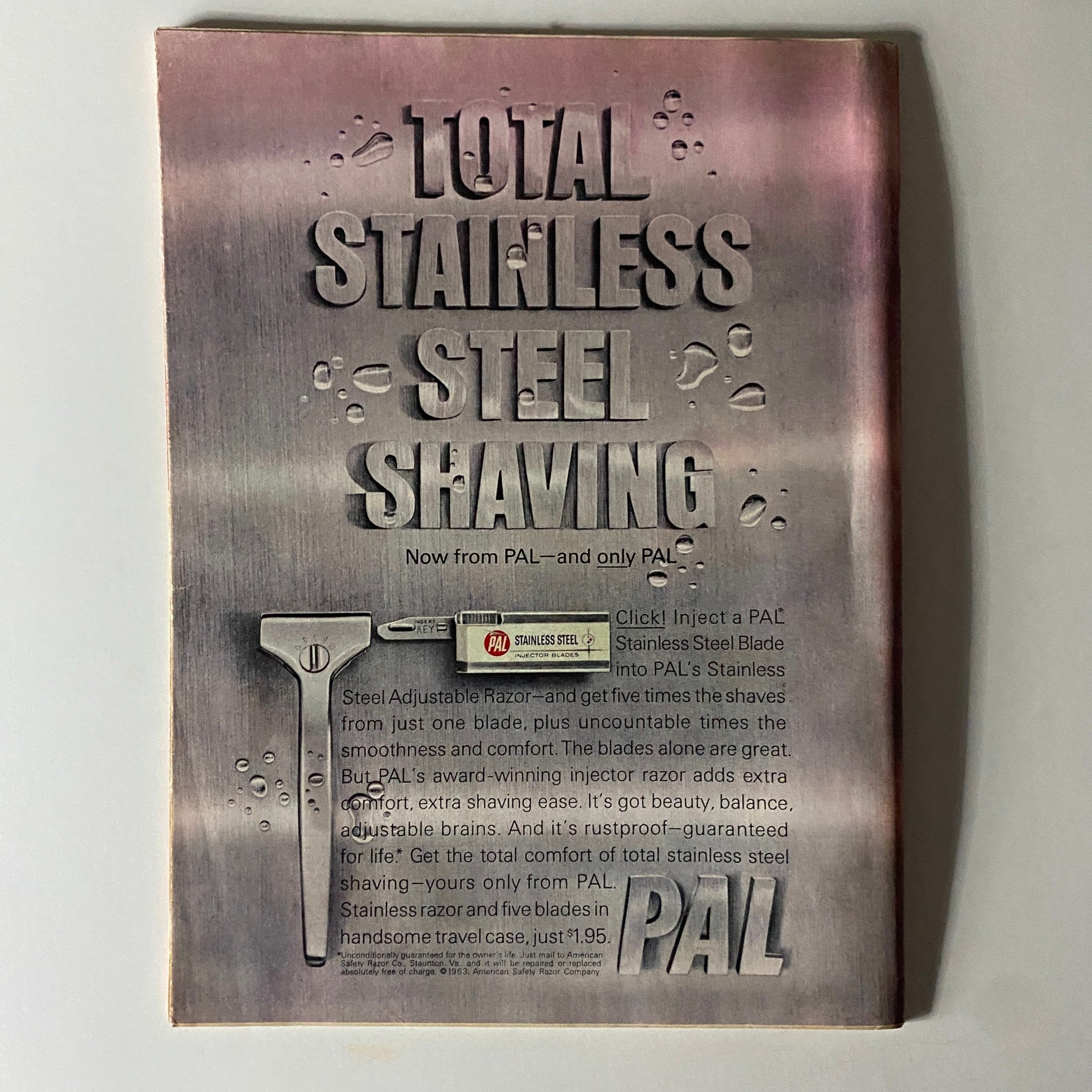 Back cover advertisement from Time Magazine December 20, 1963 featuring PAL stainless steel shaving products, promoting their adjustable razor and shaving blades.