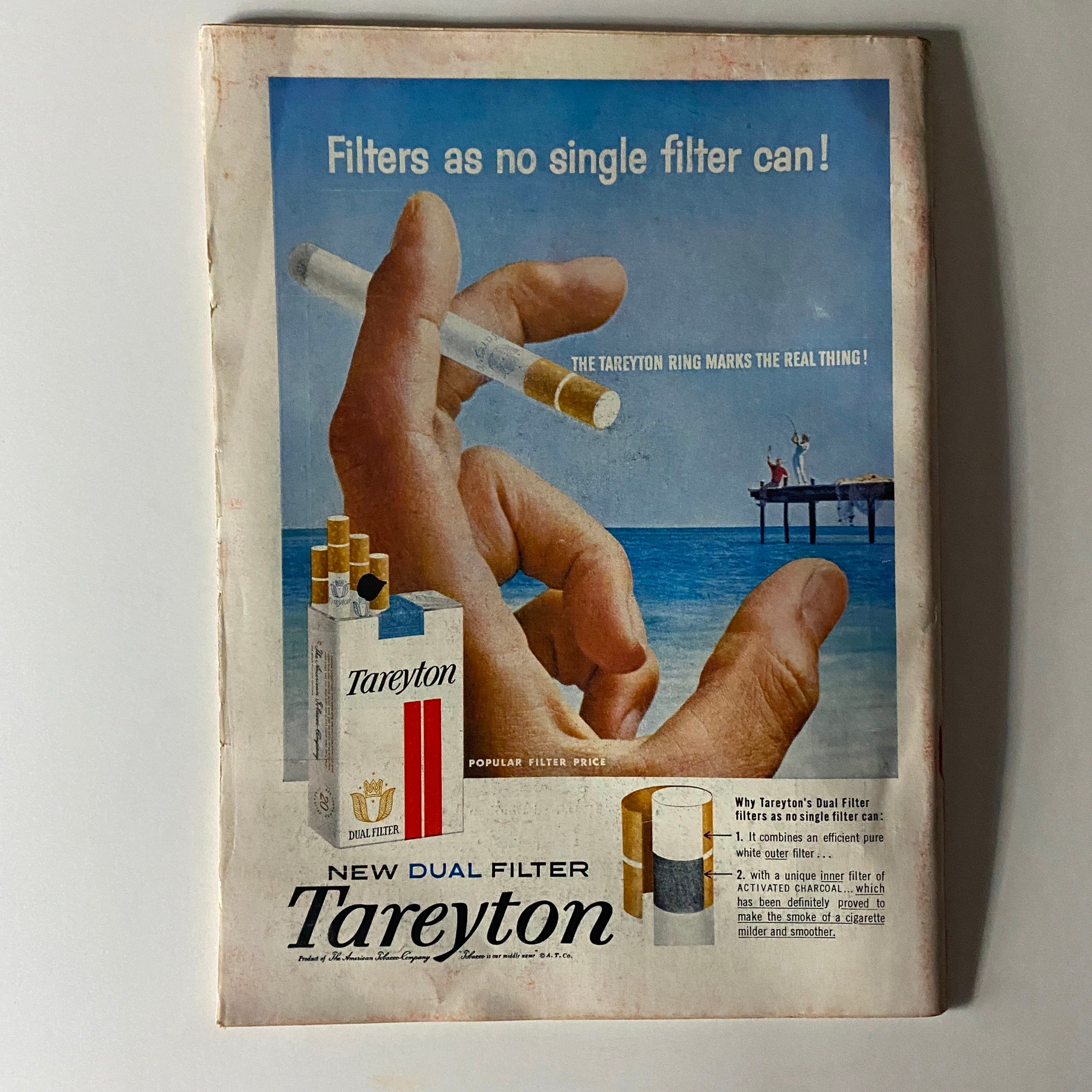 Back cover of a vintage Time Magazine June 1, 1959, featuring an advertisement for Tareyton cigarettes, highlighting the slogan 'Filters as no single filter can' with a coastal scene.