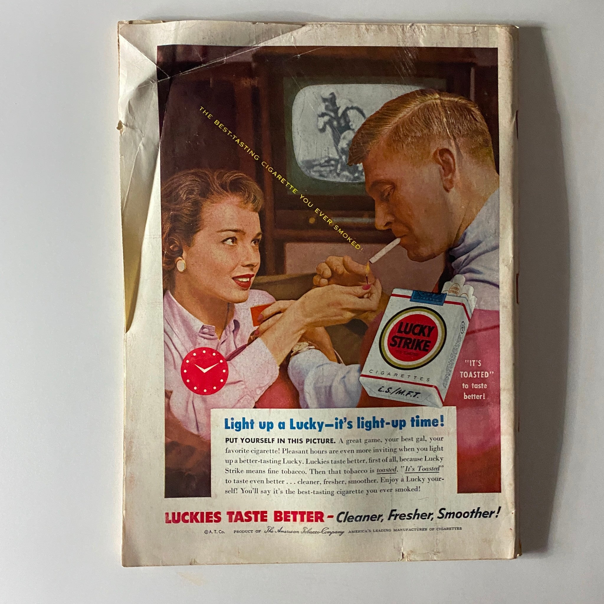 Back cover of Time Magazine November 14, 1955, displaying a vintage advertisement for Lucky Strike cigarettes, illustrating mid-century advertising styles.