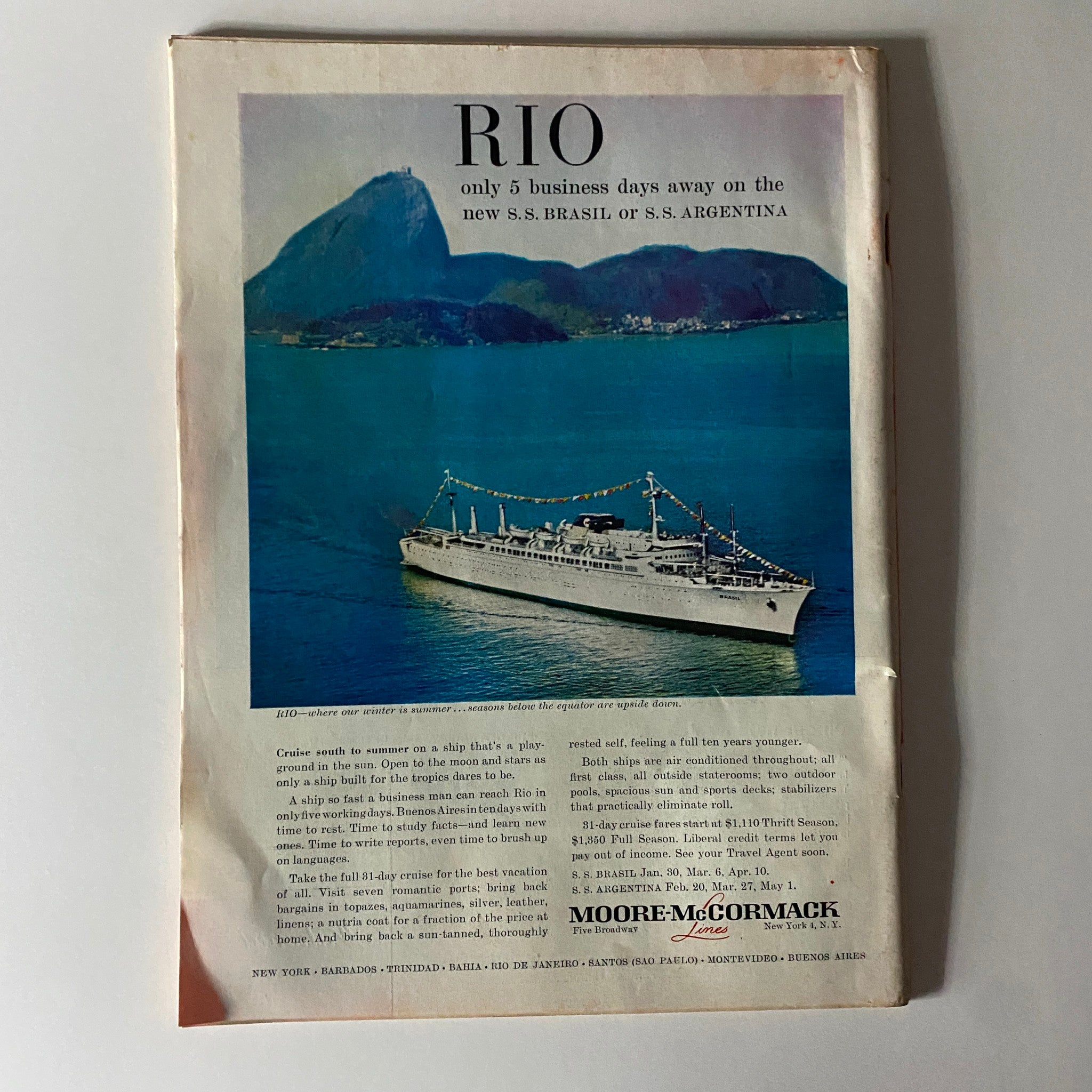 Back cover of Time Magazine January 5, 1959, featuring an advertisement for S.S. Brasil and S.S. Argentina cruises to Rio de Janeiro.