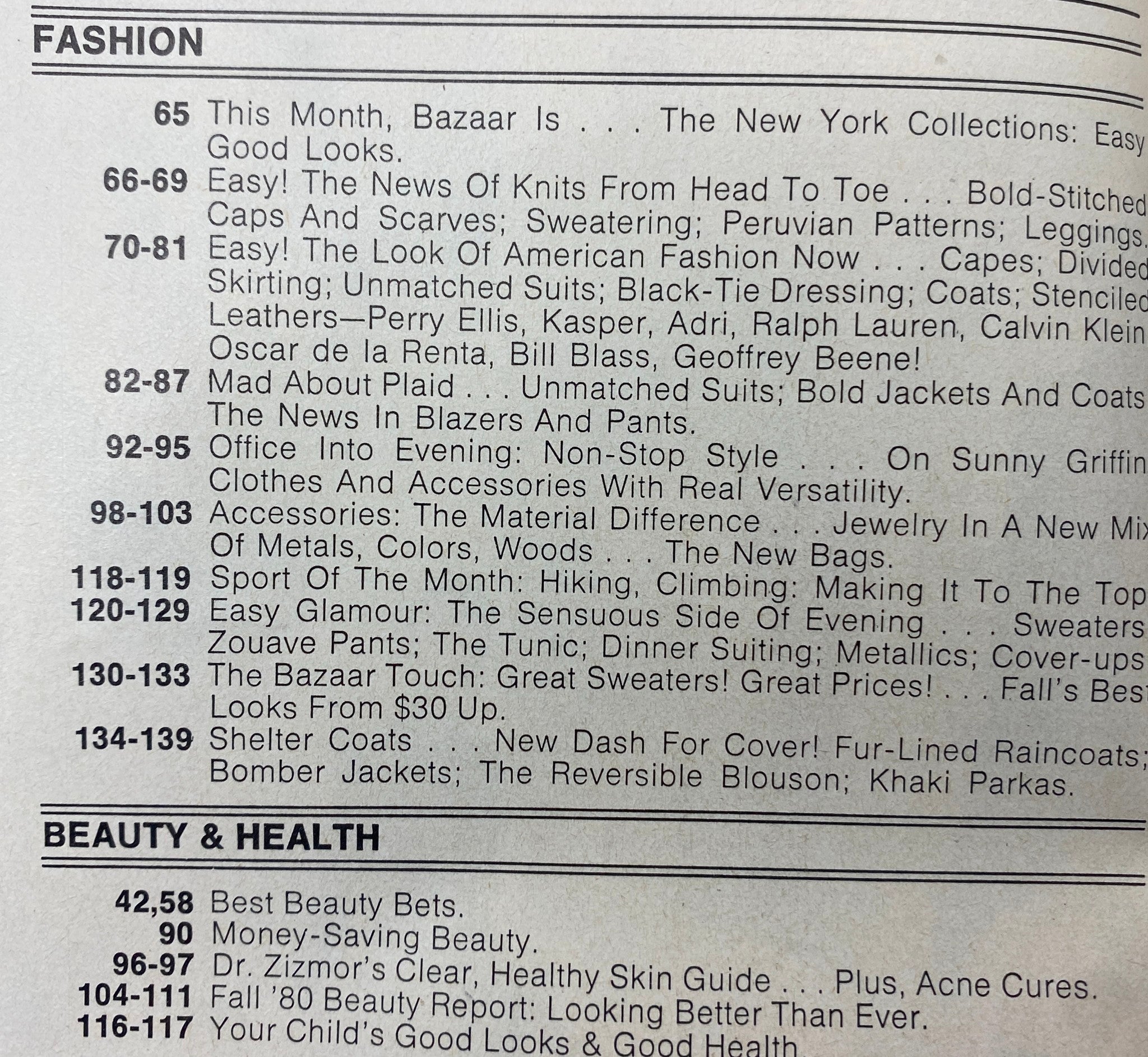 Inside contents page of Harper's Bazaar Magazine August 1980, detailing fashion sections and articles focused on the New York Collections and beauty.