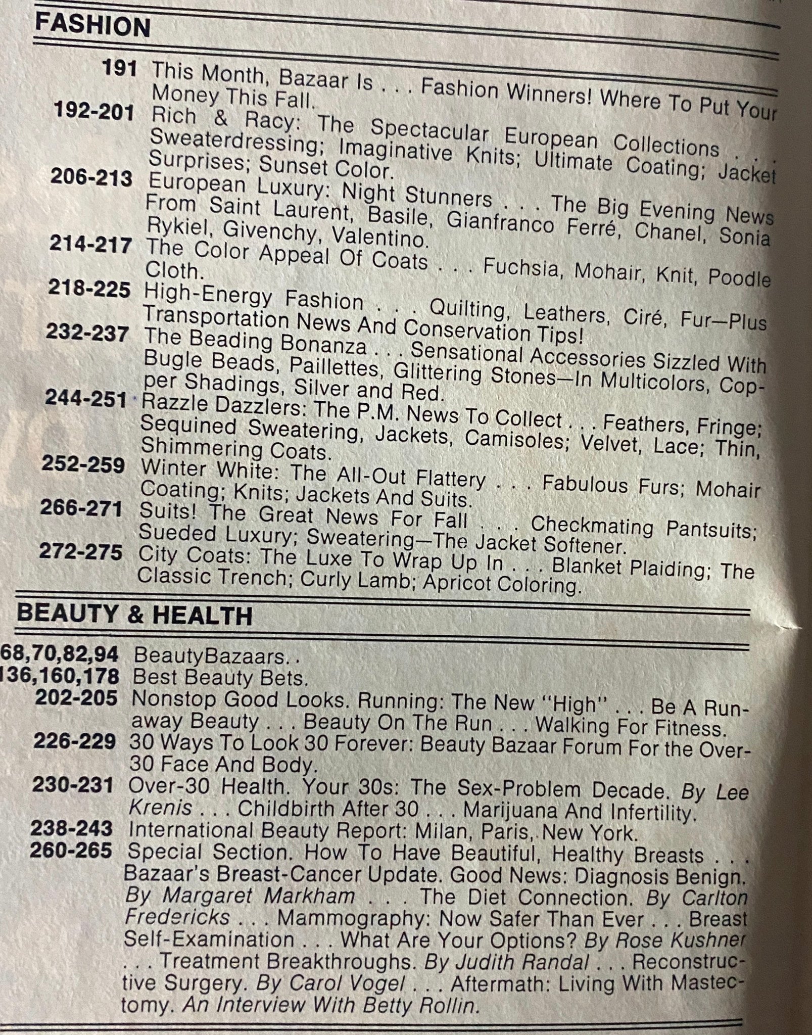Table of contents from Harper's Bazaar September 1979 detailing articles on fashion and beauty, featuring sections like 'Fashion Winners!' and 'Best Beauty Bets'.